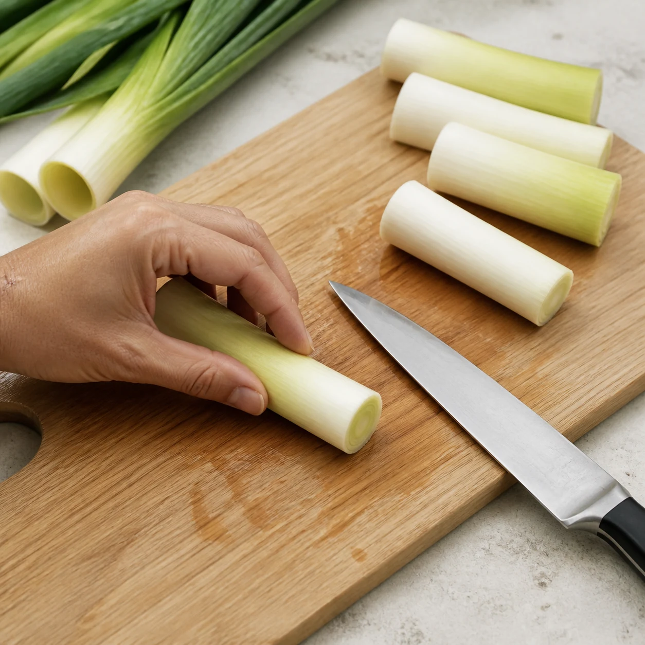 Plan de travail propre avec poireaux blancs et vert tendre, rincés et coupés en tronçons réguliers, couteau posé en sécurité.