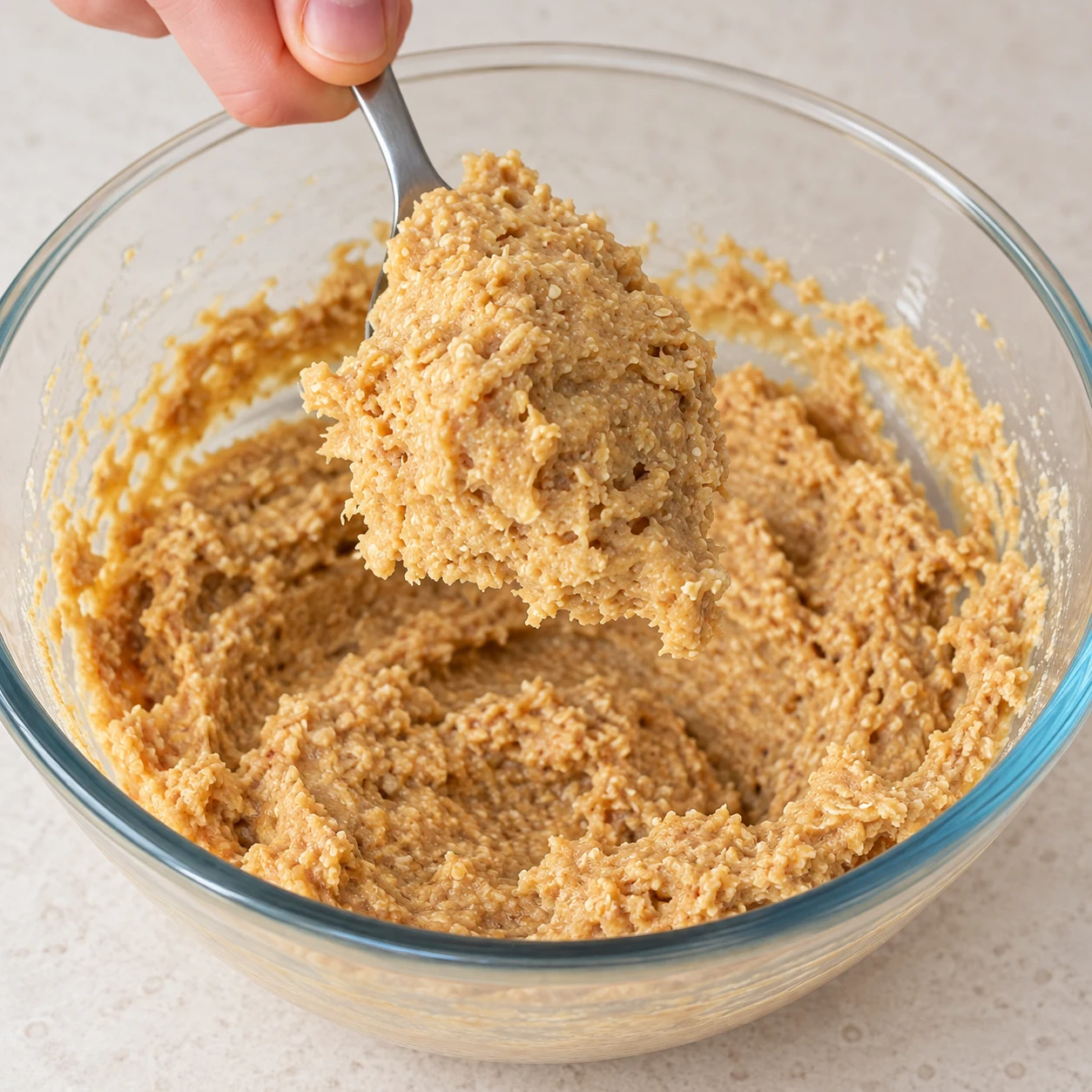 Cuillère soulevant une pâte beige dense, humide et légèrement granuleuse.