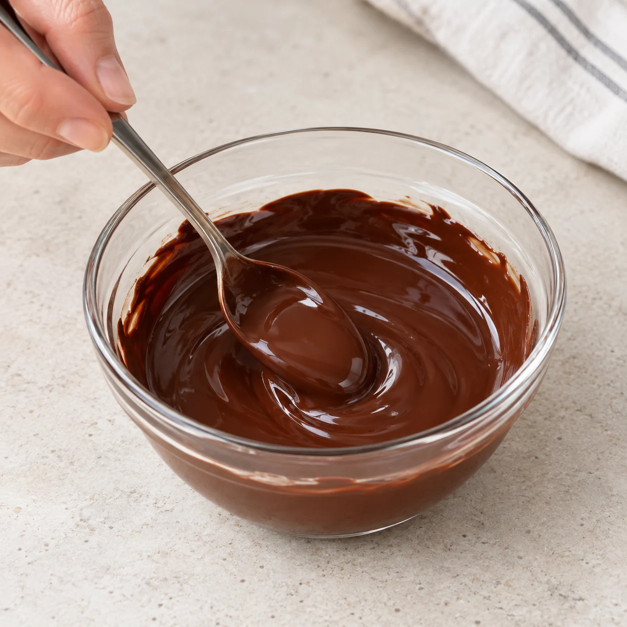 Petit bol transparent de chocolat noir fondu, sans ajout.