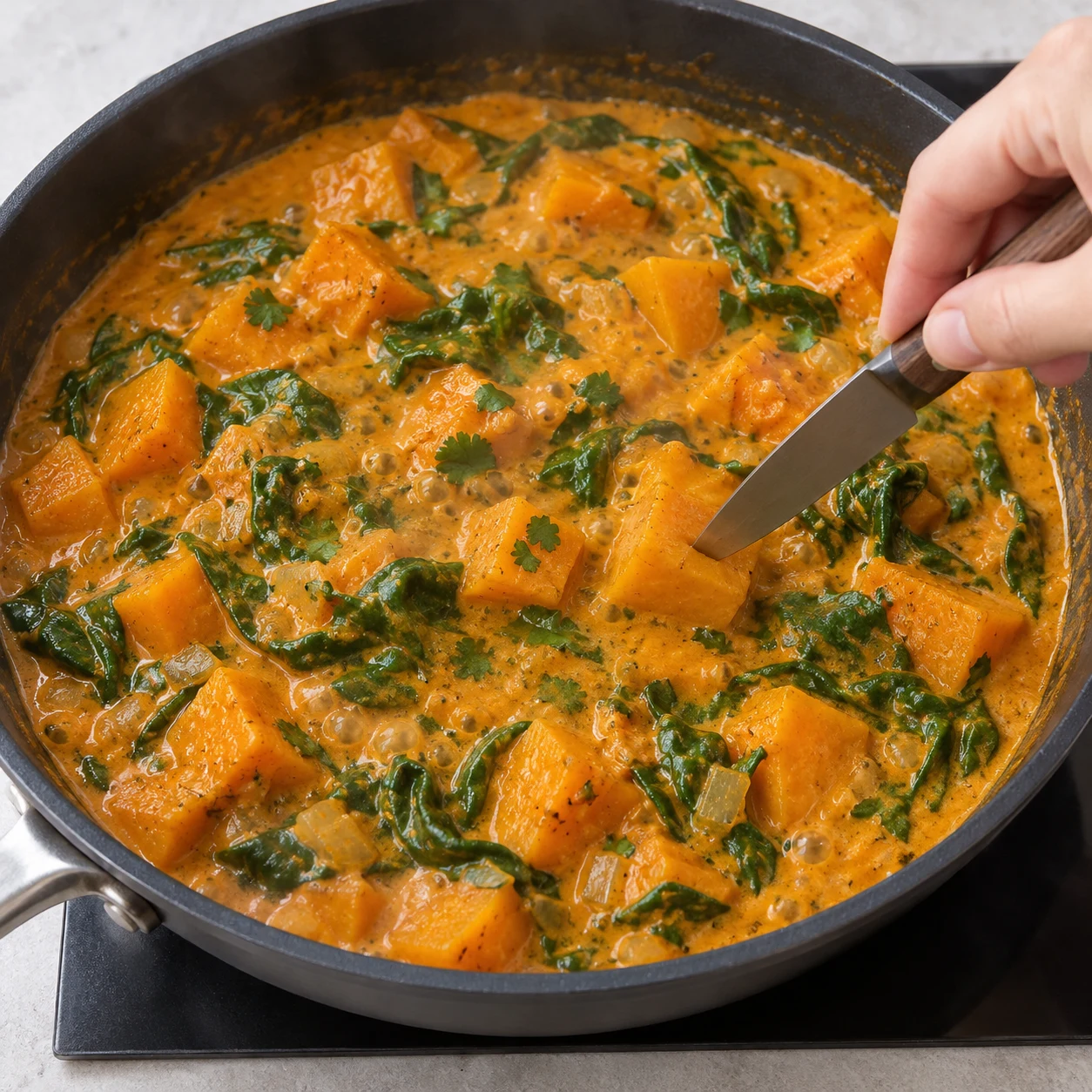 Poêle de curry de butternut orange épais et crémeux, petits frémissements, épinards fondus et coriandre incorporée, sans huile rouge finale.