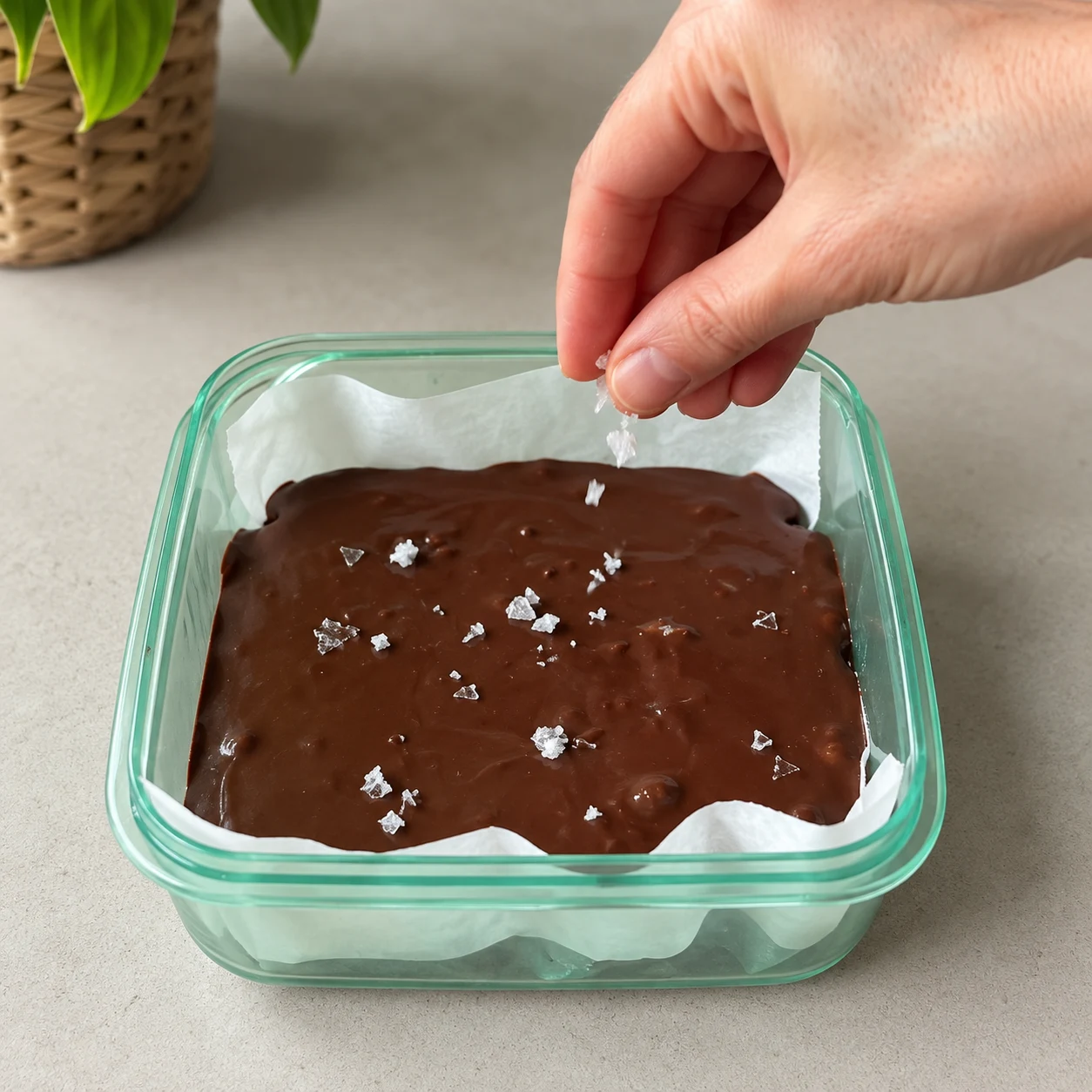 Une main anonyme parsème quelques petits cristaux de fleur de sel sur la couche de fudge chocolat-cacahuète.