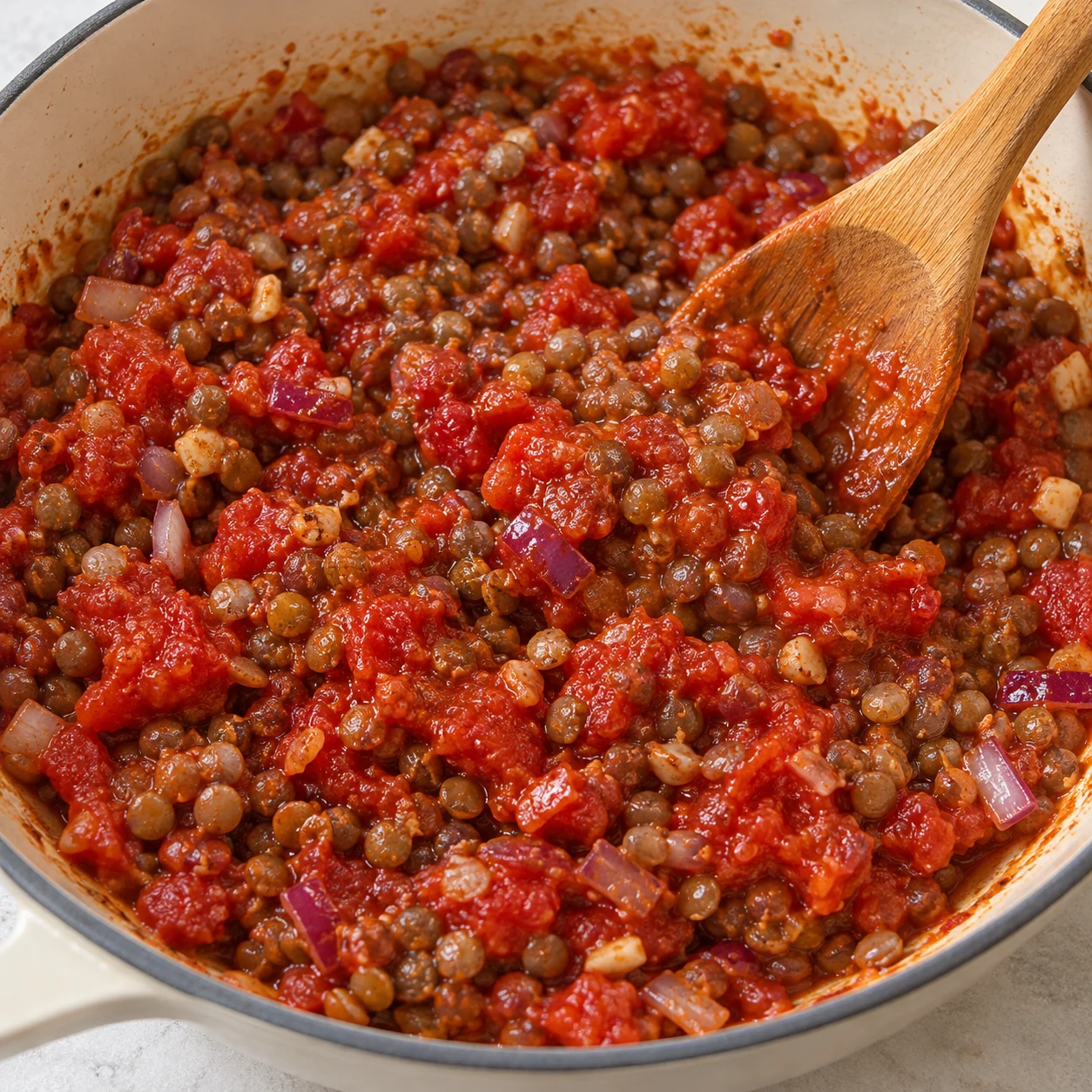 Photographie pédagogique carrée : Ajoute les 400 g de lentilles cuites, les 400 g de tomates concassées, le cumin, le paprika et le chili. Sale selon le goût, puis mélange la garniture. Résultat : Les lentilles sont réparties dans les tomates et les épices sont incorporées. Mains adultes anonymes seulement si nécessaires ; lentilles cuites petites et brunes à la place des haricots rouges de la capture, option source documentée ; fromage végétal au lieu de laitier lorsque présent. Aucun texte.