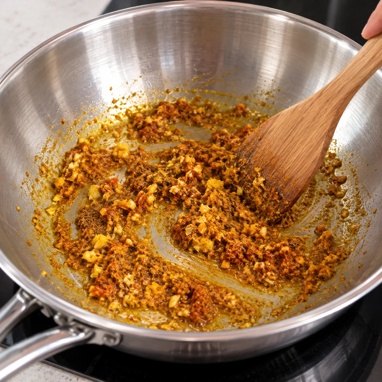 Aromates et épices remués dans l’huile au fond de la poêle.