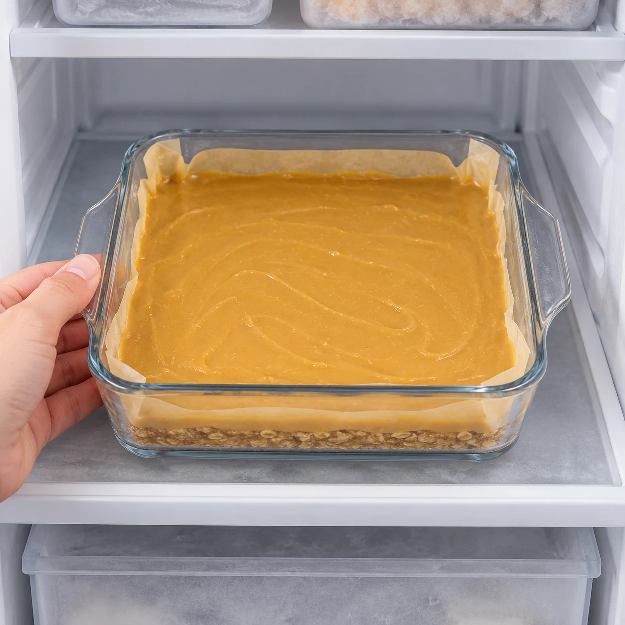Plat carré chemisé contenant la base d’avoine et la couche de caramel doré, placé sur une étagère de congélateur ; aucun chocolat.