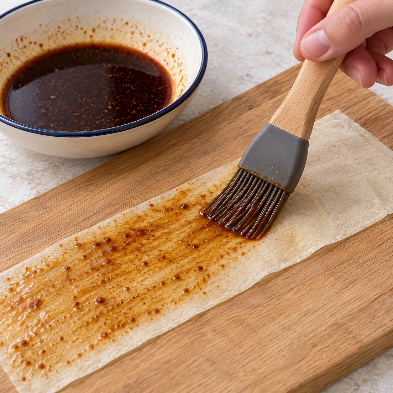 Badigeonner la première bande. Badigeonnez une première bande de brick de marinade, sans l’immerger. Résultat : La surface porte une fine couche de marinade. Feuilles de brick fines opaques au blé, jamais de feuilles de riz translucides. Une phase seulement.
