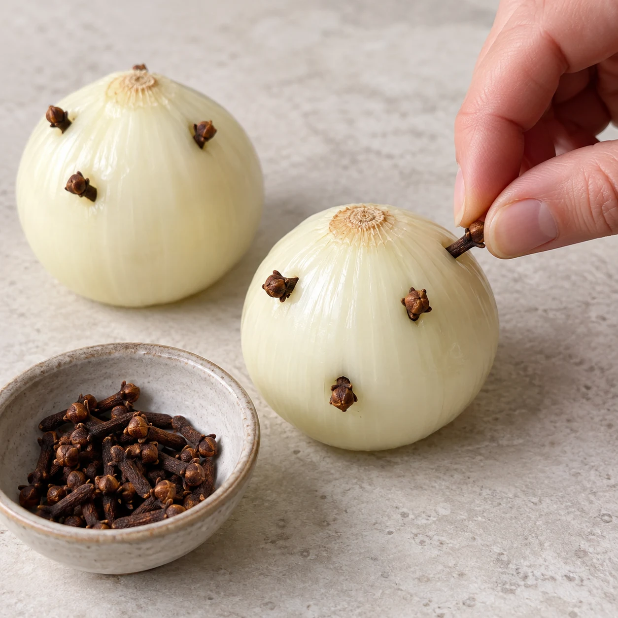 Photo culinaire carrée de l’action : Piquer les oignons. Les clous restent fixés dans les oignons entiers. Seulement Oignon frais, Clous de girofle. Mains adultes anonymes seulement si le geste le nécessite, aucun texte, visage, bijou ou viande.
