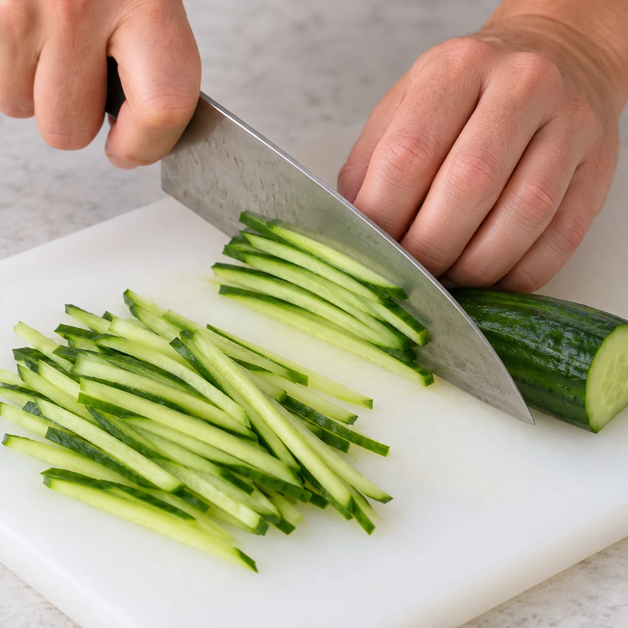 Tailler le concombre : Les bâtonnets verts sont fins et réguliers.