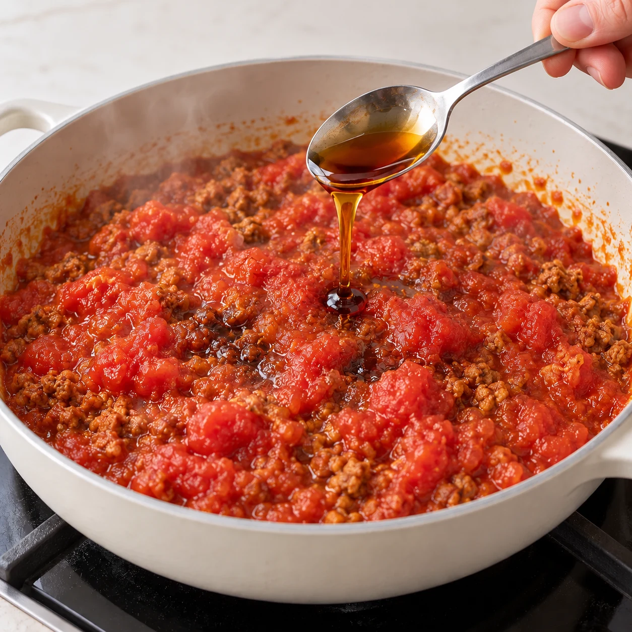 Tomates concassées rouges versées sur le haché végétal dans la poêle, cuillère de sirop d’érable ambré au-dessus.