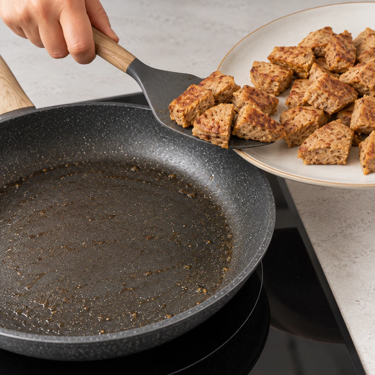 Retire les morceaux végétaux grillés de la poêle et garde-les à part. Résultat : La poêle est libre pour préparer la sauce.