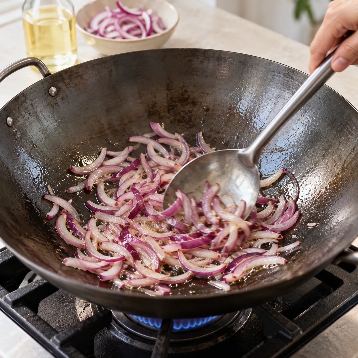 Faire sauter l’oignon — L’oignon est réparti dans le fond du wok et commence à s’assouplir.