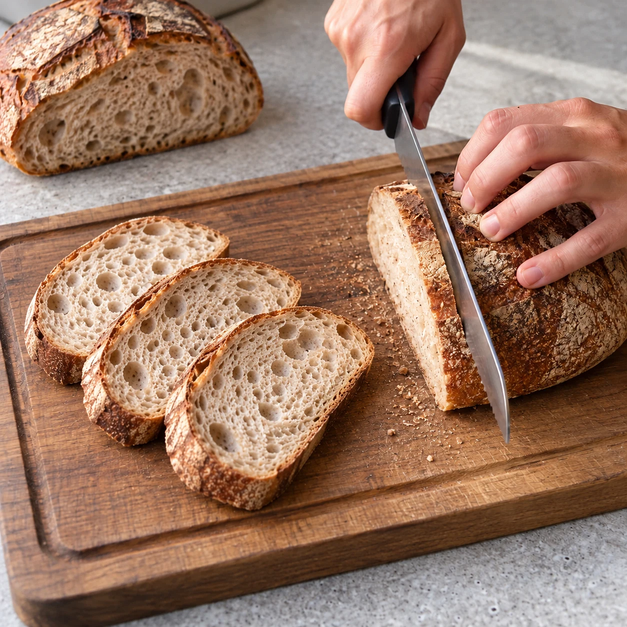 Coupe quatre tranches de pain sur une planche stable. Montrer seulement les ingrédients de cette étape, les alternatives véganes acceptées et des mains adultes anonymes si nécessaire.