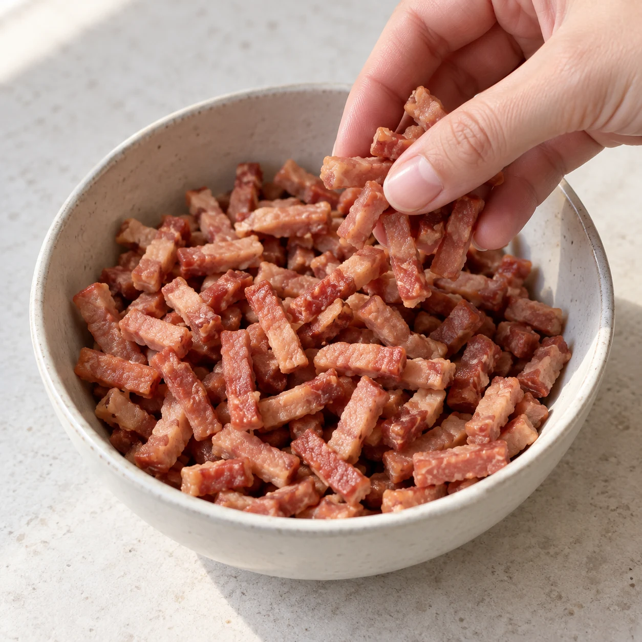Lardons végétaux fumés de soja prédécoupés, en petits bâtonnets roses, prélevés dans un bol neutre ; aucun emballage ni tempeh.