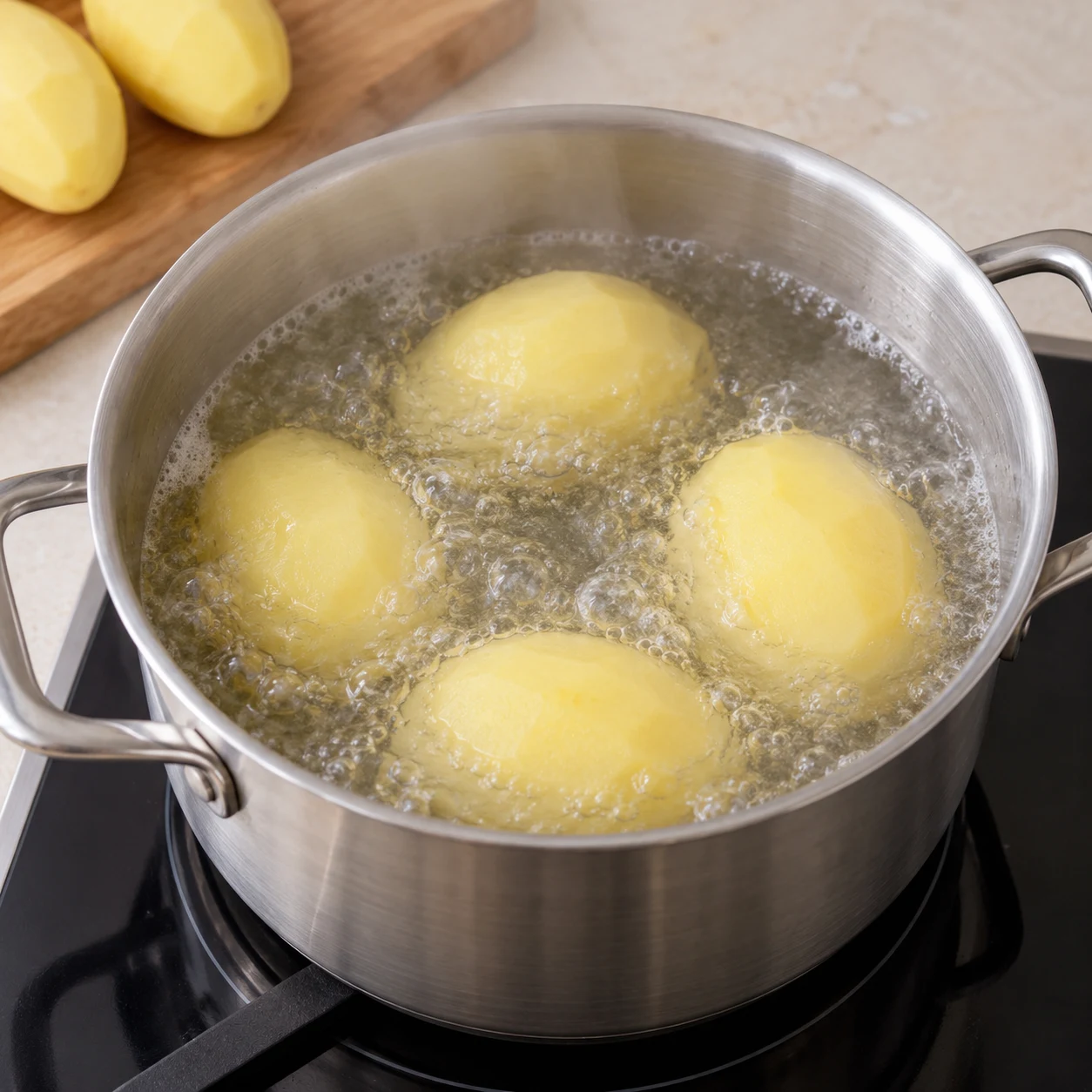 Pommes de terre pelées entières dans une casserole d’eau bouillante.