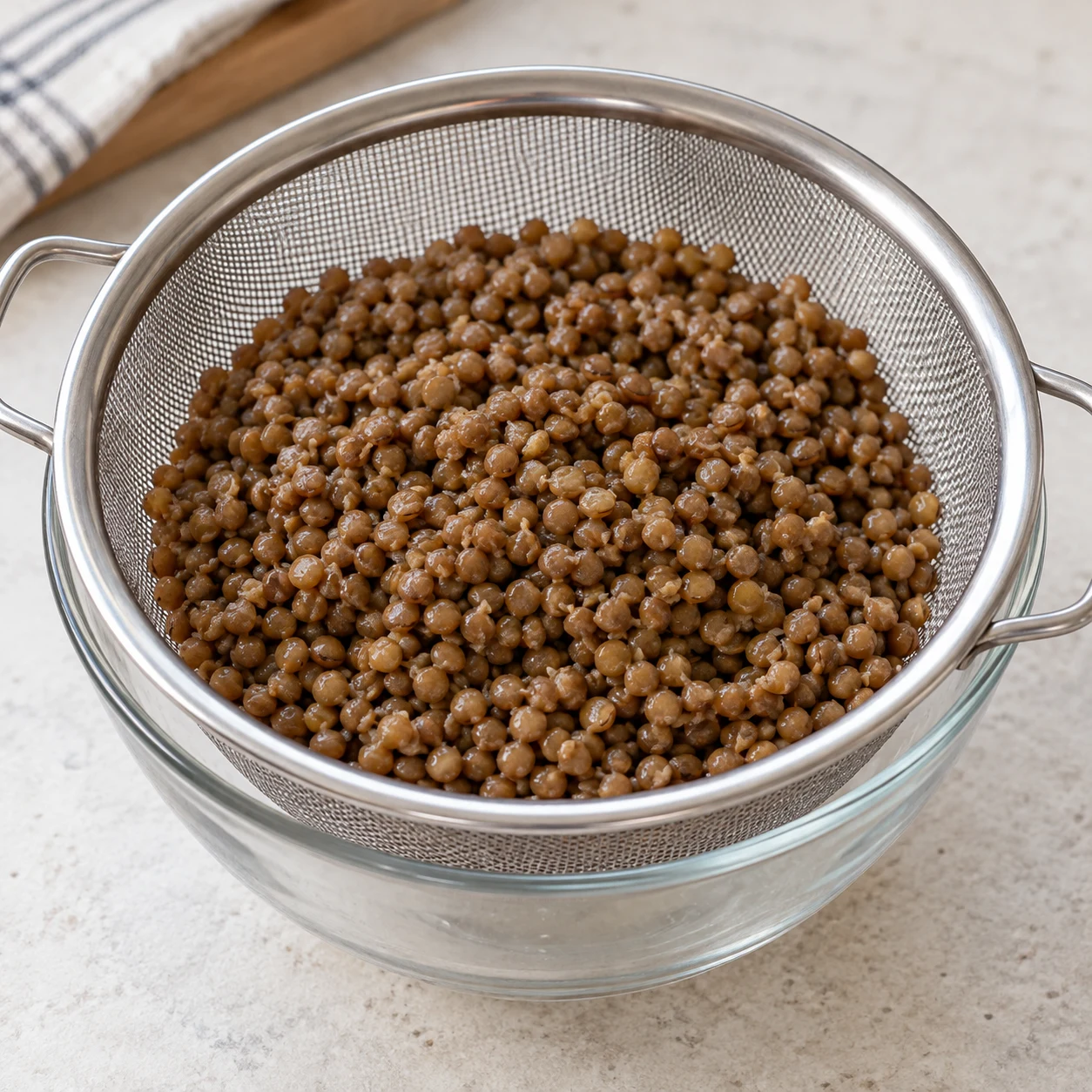 Passoire de lentilles brunes cuites bien égouttées, sans autres ingrédients.