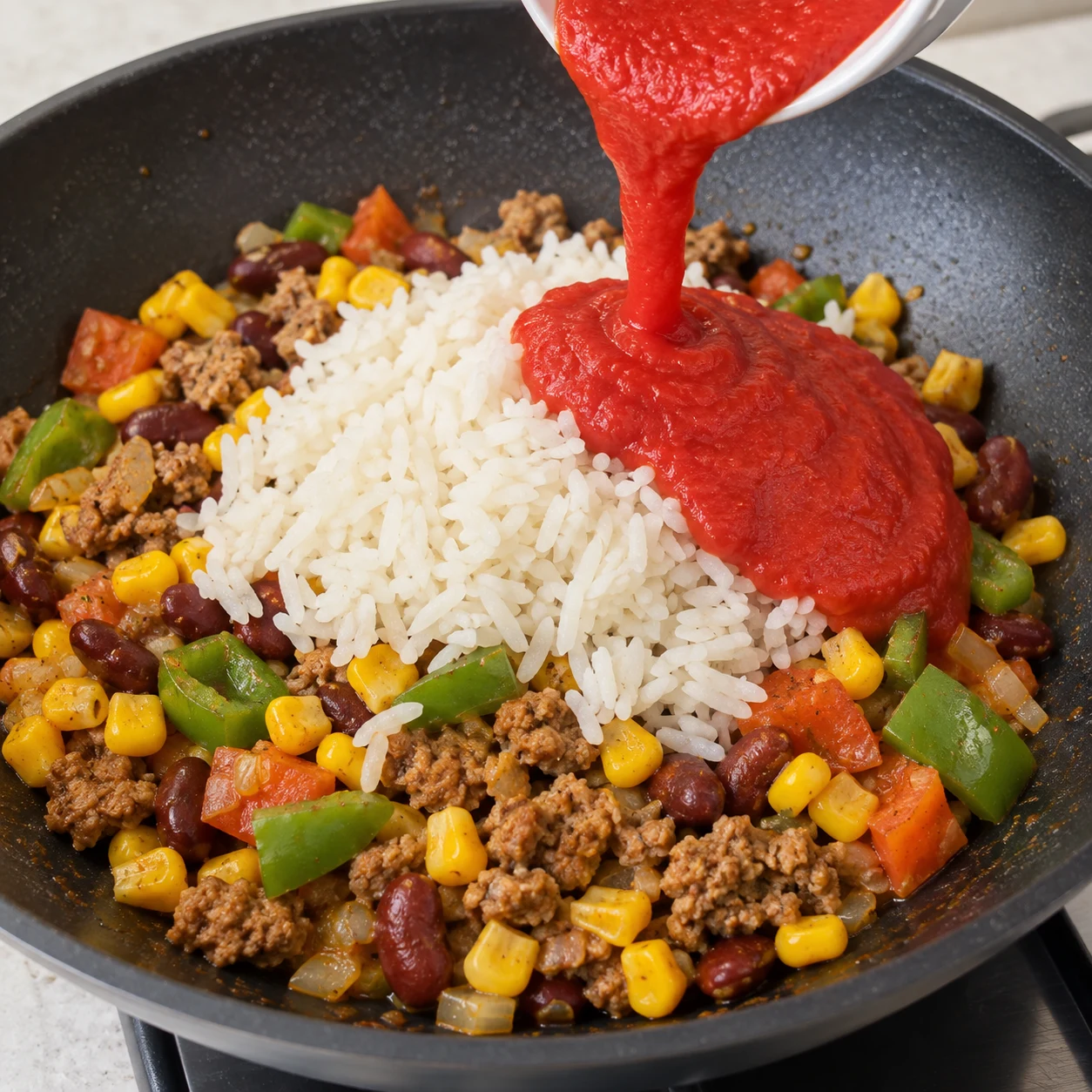 Purée de tomate rouge versée sur le riz blanc et les légumes dans la poêle.