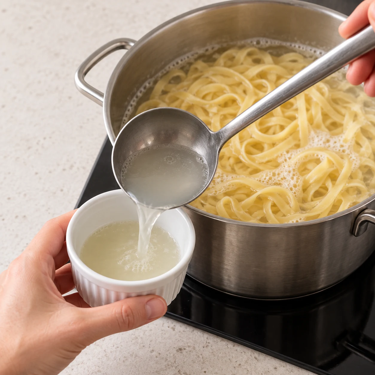 Petit ramequin recevant de l’eau de la casserole de pâtes.
