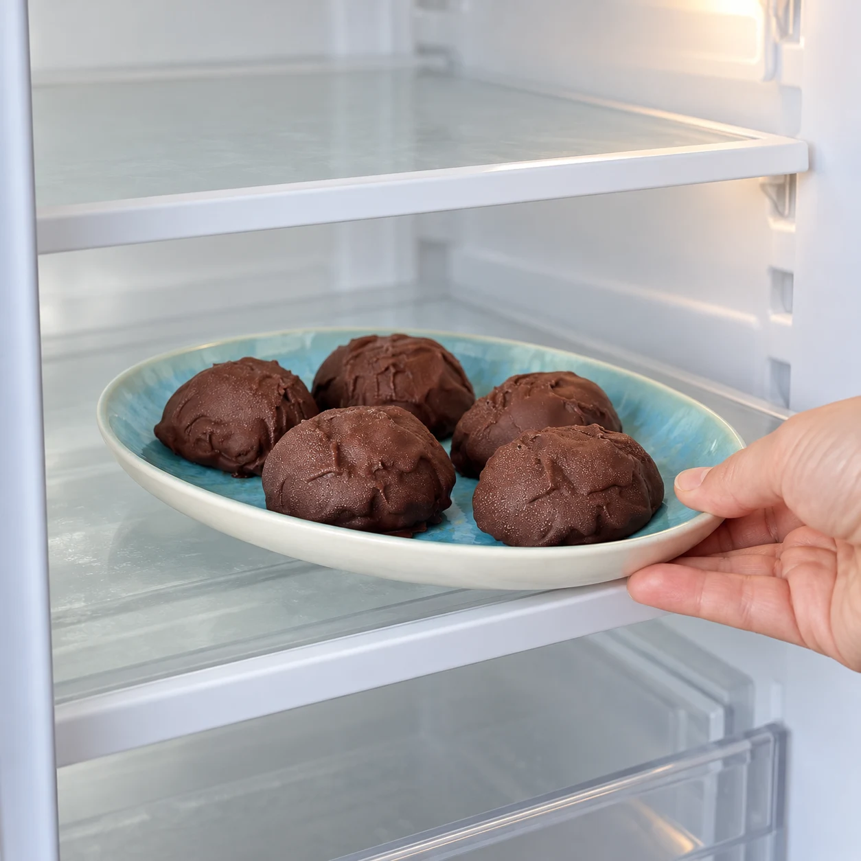 Une main avance une assiette de bouchées enrobées au réfrigérateur.