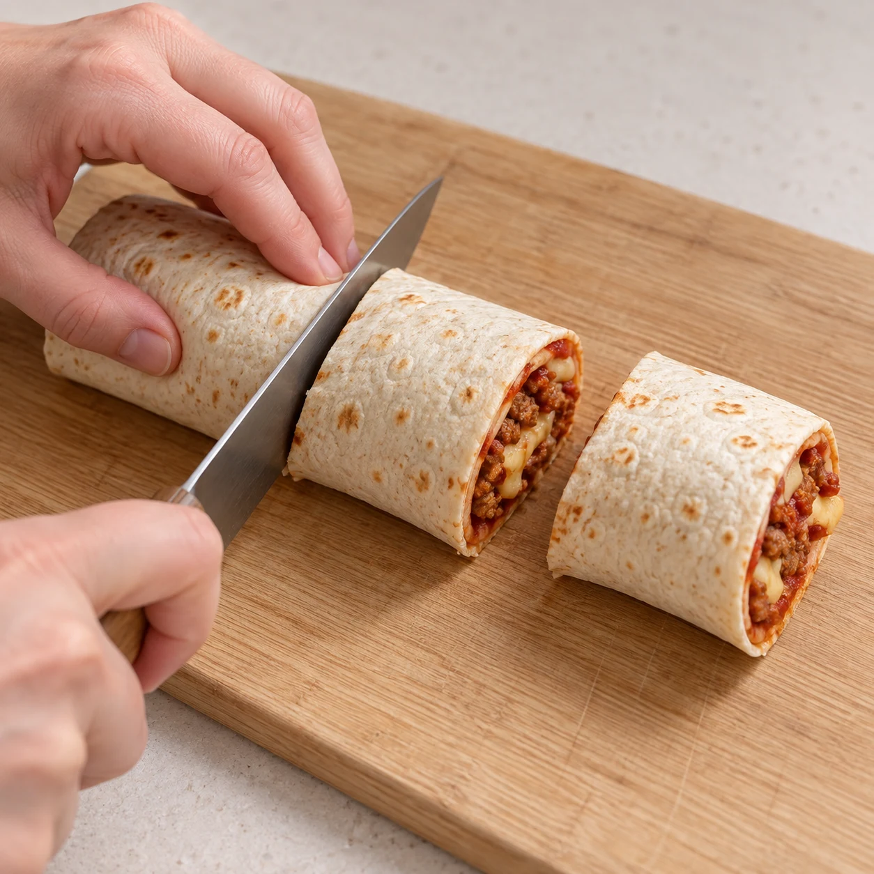 Trois tronçons de tortilla présentent leur garniture en coupe.