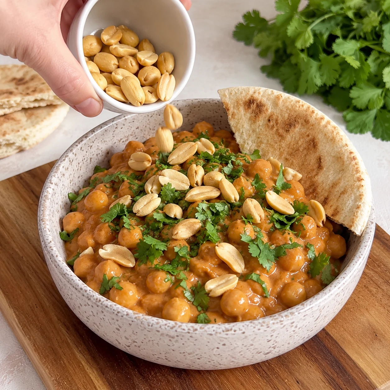 Cacahuètes entières parsemées depuis un petit bol sur des pois chiches en sauce orangée dans un bol en grès, coriandre fraîche à côté.