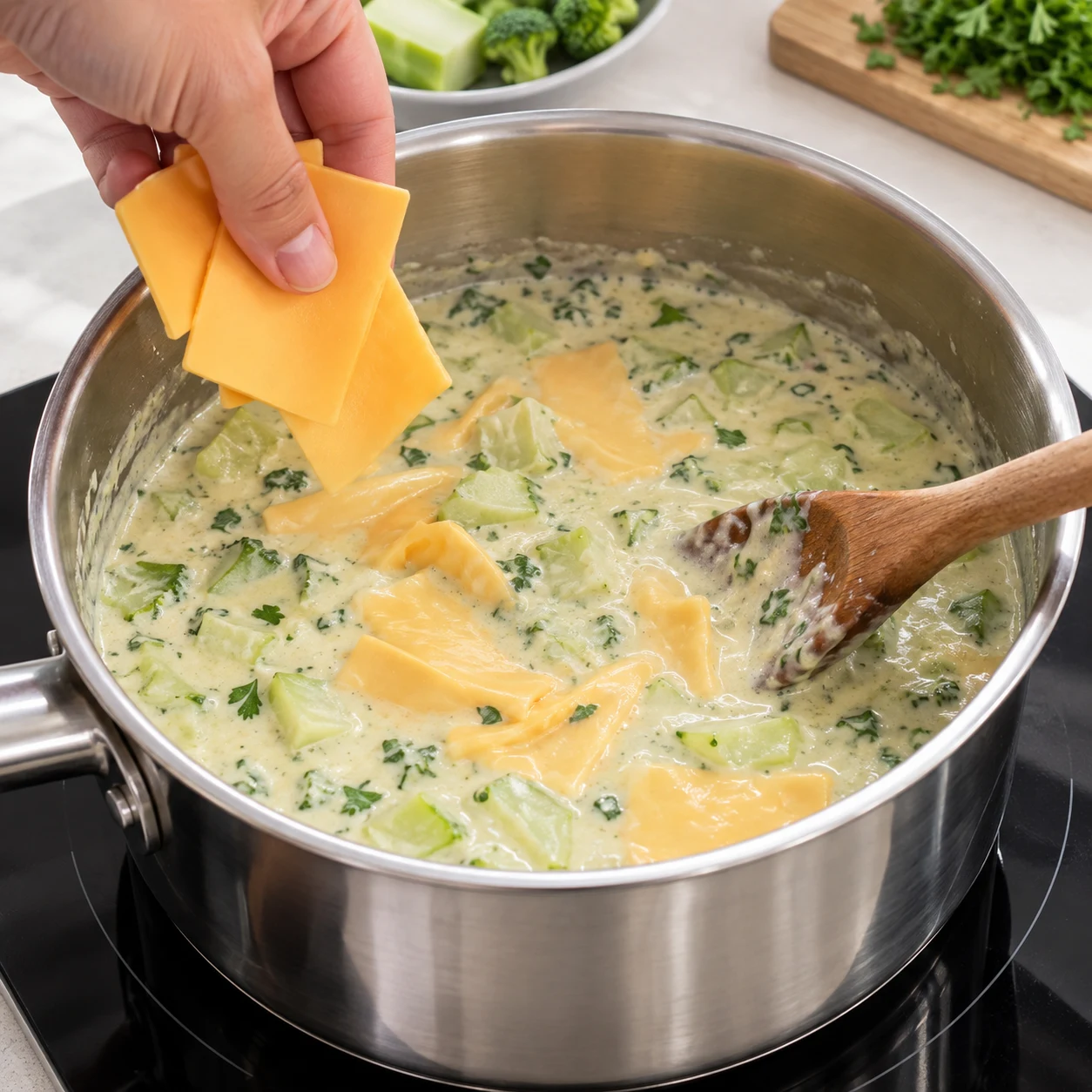 Une main anonyme incorpore des morceaux de fines tranchettes végétales orangées dans la casserole chaude de pied de brocoli, persil et crème de soja. Aucune pâte ni garniture.
