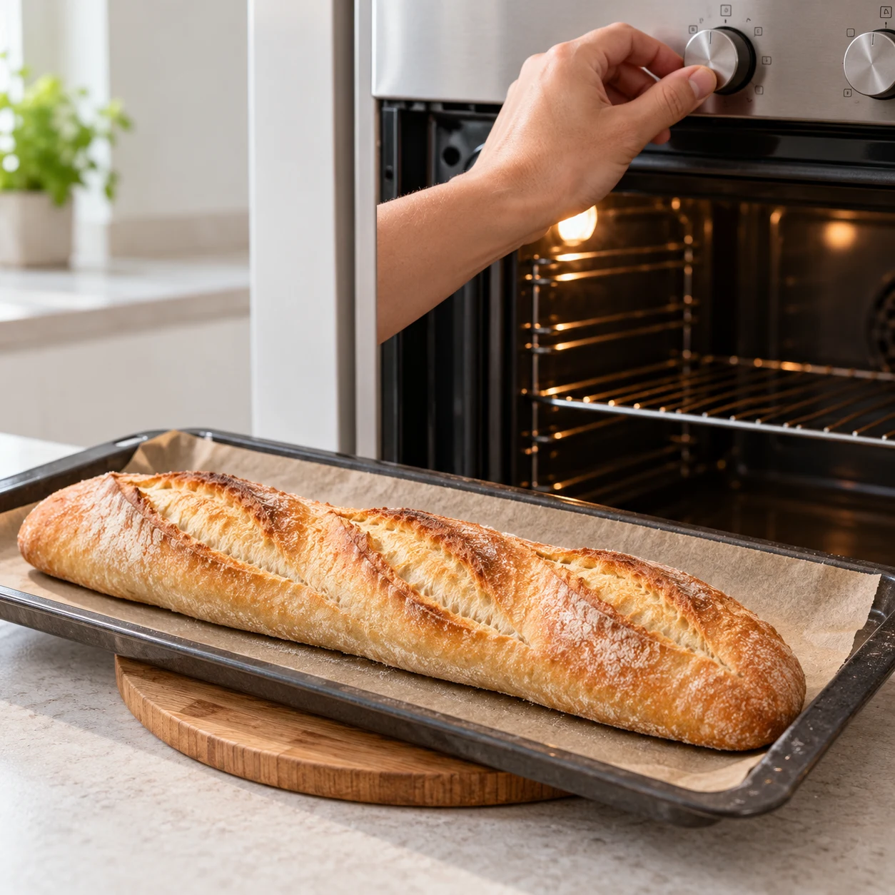 Pain de baguette doré sorti du four sur une plaque, posé sur un dessous de plat, sans garniture ni emballage.