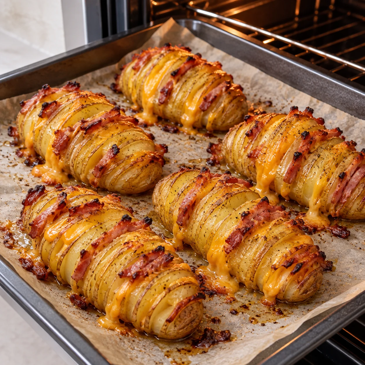 Pommes de terre Hasselback dorées, fromage végétal orangé fondu et petits lardons végétaux fumés brun rosé, sans mains.