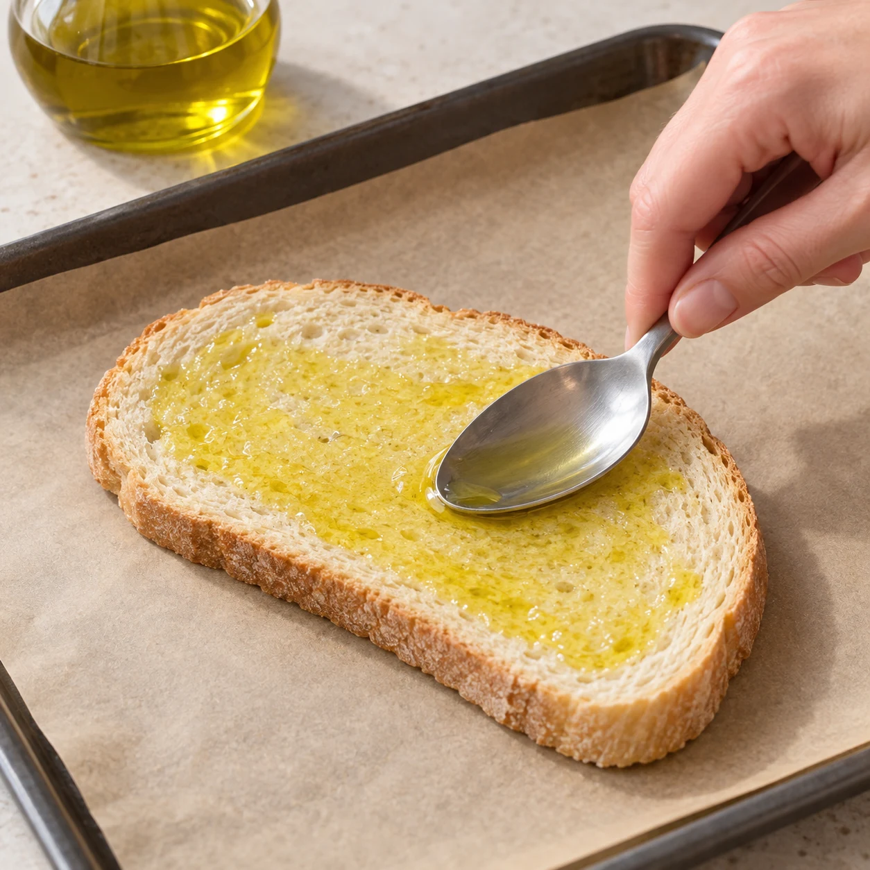 Sur une plaque recouverte de papier cuisson, étale un filet d’huile d’olive sur la tranche de pain avec le dos d’une cuillère. Photographie carrée de cuisine, ingrédients végétaux finaux seulement, mains adultes anonymes si nécessaires, aucun texte ni visage.
