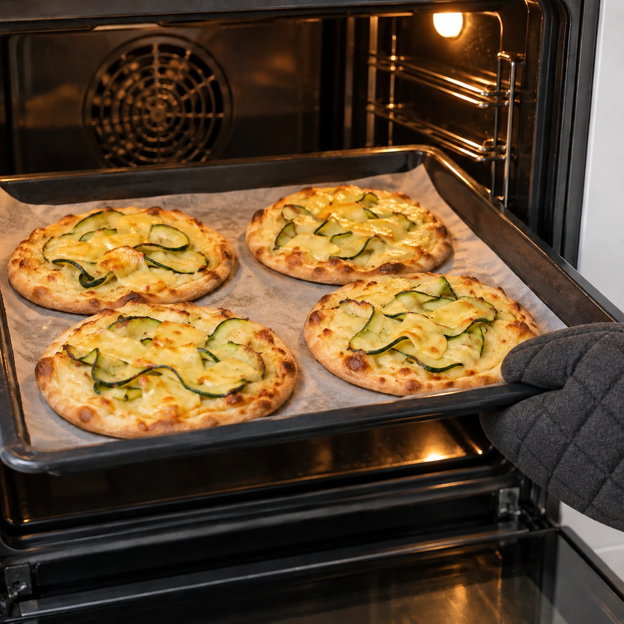 Pizzette à la courgette et garniture végétale jaune fondue dans un four domestique, bords dorés.
