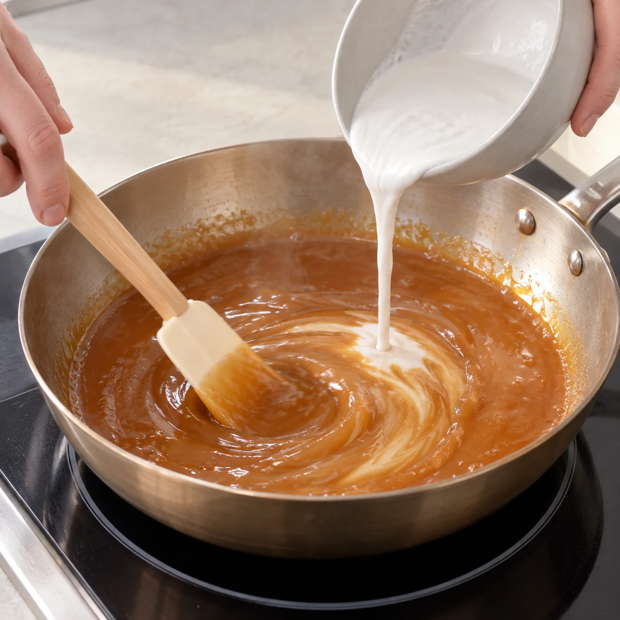Crème de coco incorporée progressivement au caramel avec une spatule longue.