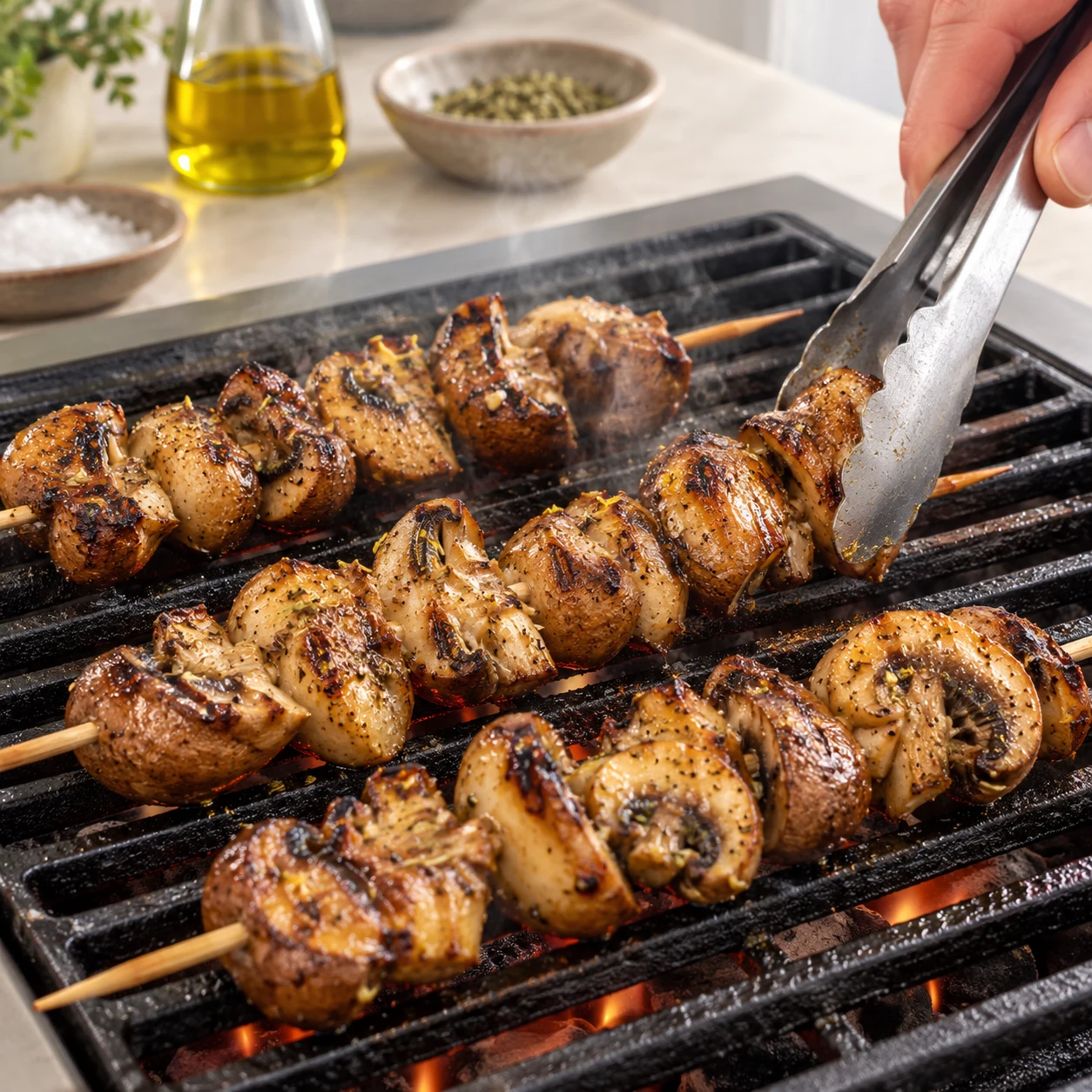 Brochettes de champignons bruns reconnaissables, chapeaux et lamelles visibles, grillées et tournées avec une pince ; marinade citron-ail-origan incorporée, aucun citron ni ail cru séparé, aucune viande.