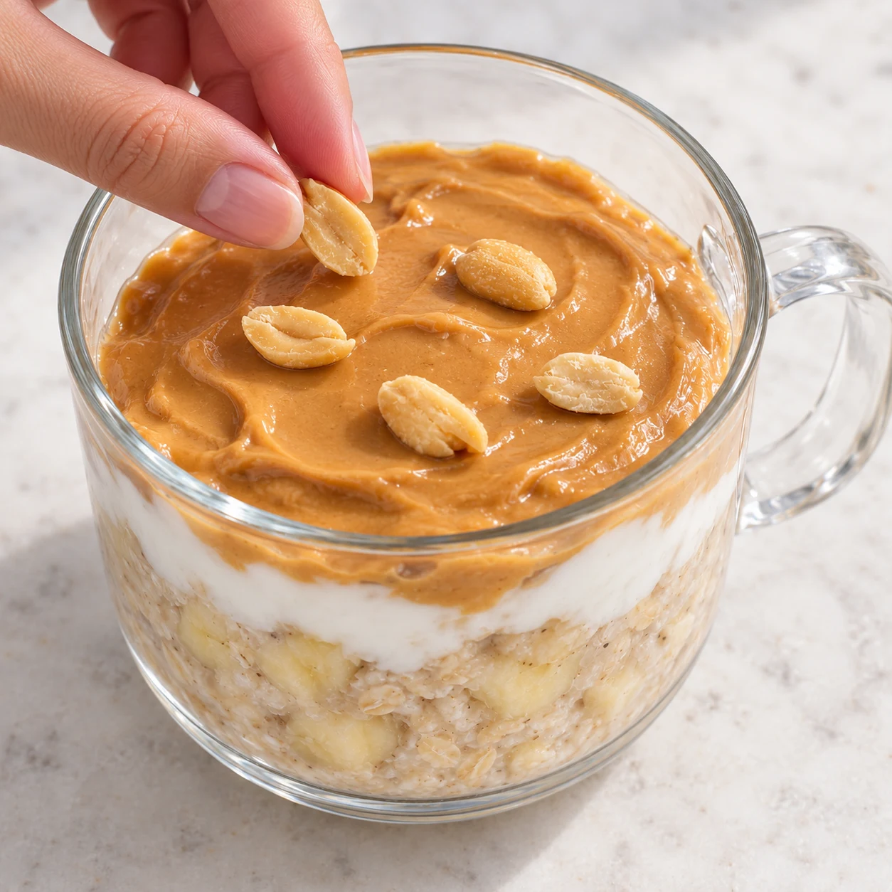 Répartissez quelques cacahuètes non salées sur la purée de cacahuète, dans l’ordre montré dans la recette d’origine. Montrer seulement cette phase de la variante à l’avoine, sans graines ni poudre, un récipient transparent à poignée sur pierre pâle, sans texte ni personne identifiable.