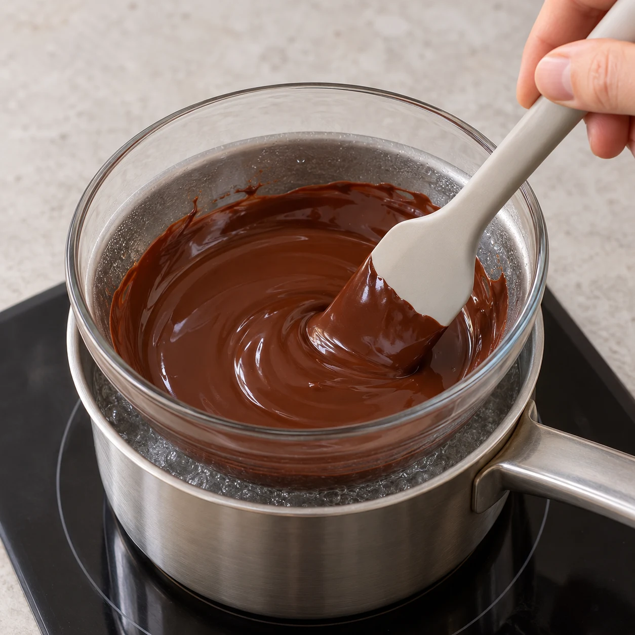 Chocolat noir fondu dans un petit bol, sans cacahuète encore incorporée.