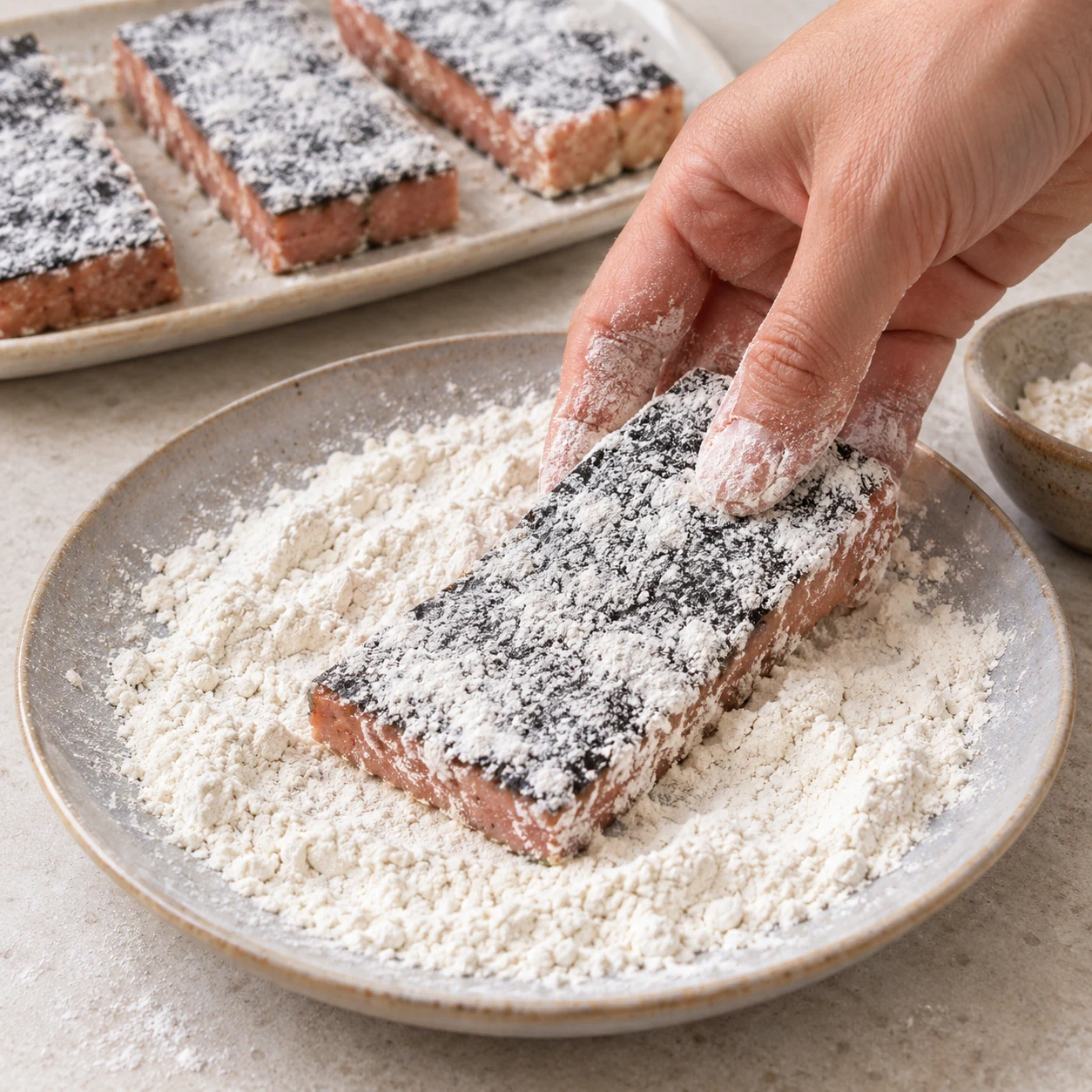 Chaque filet conserve sa peau de nori et une fine couche de farine.