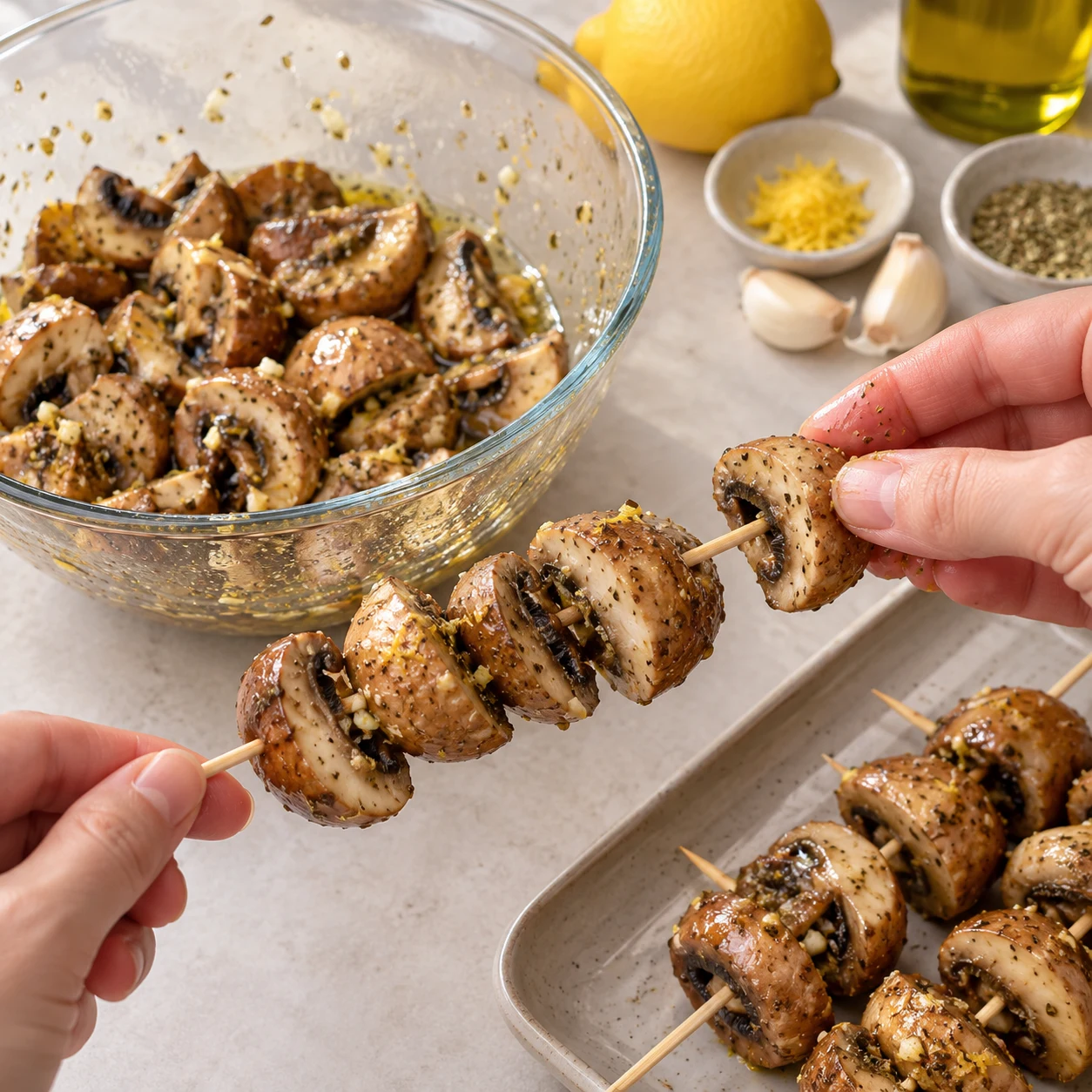 Mains anonymes embrochant des quartiers de champignons marinés.