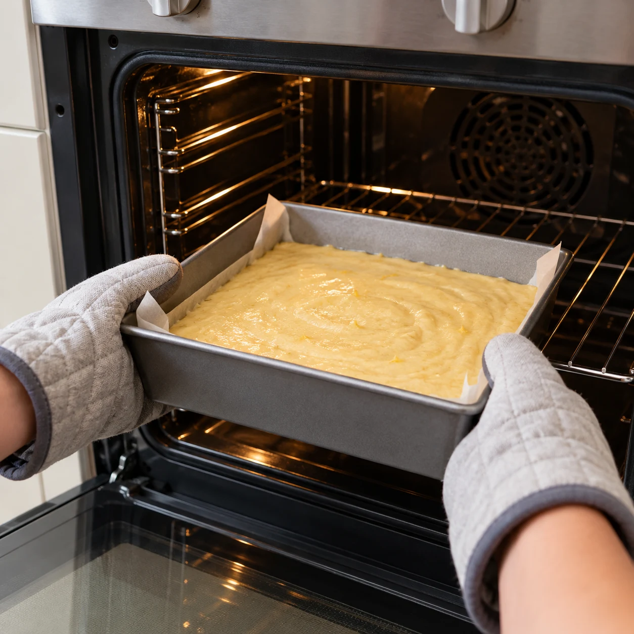 Des mains anonymes placent le moule carré de pâte citronnée dans un four, protection thermique appropriée.