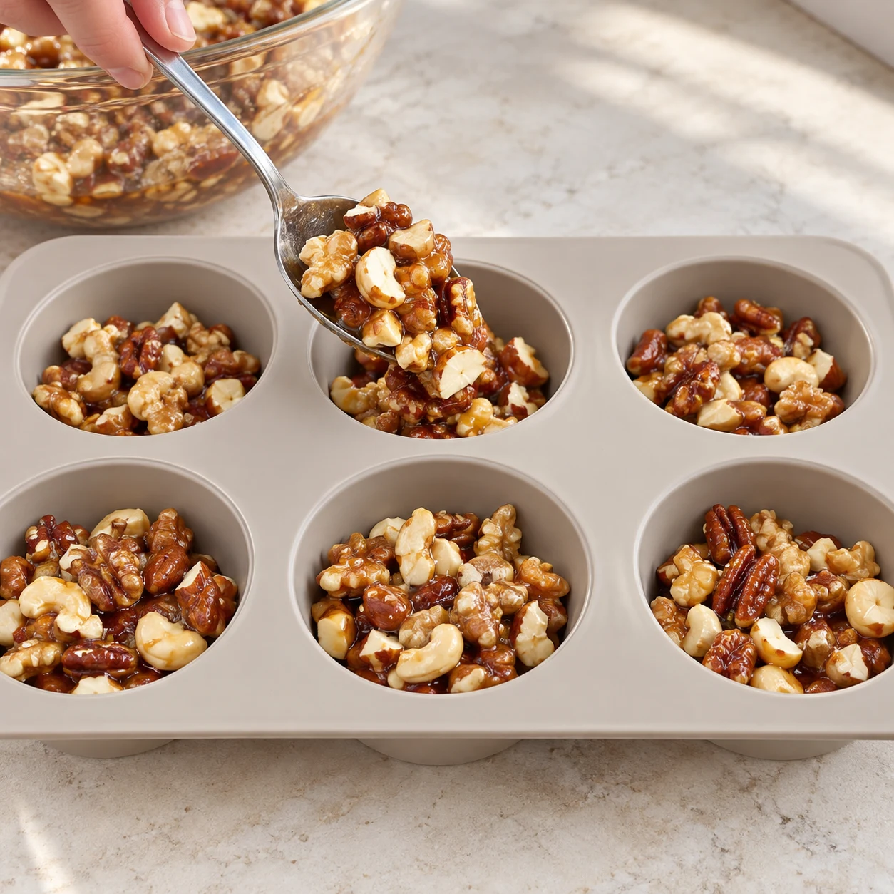 Cuillère déposant les noix enrobées dans six cavités de moule à muffins.