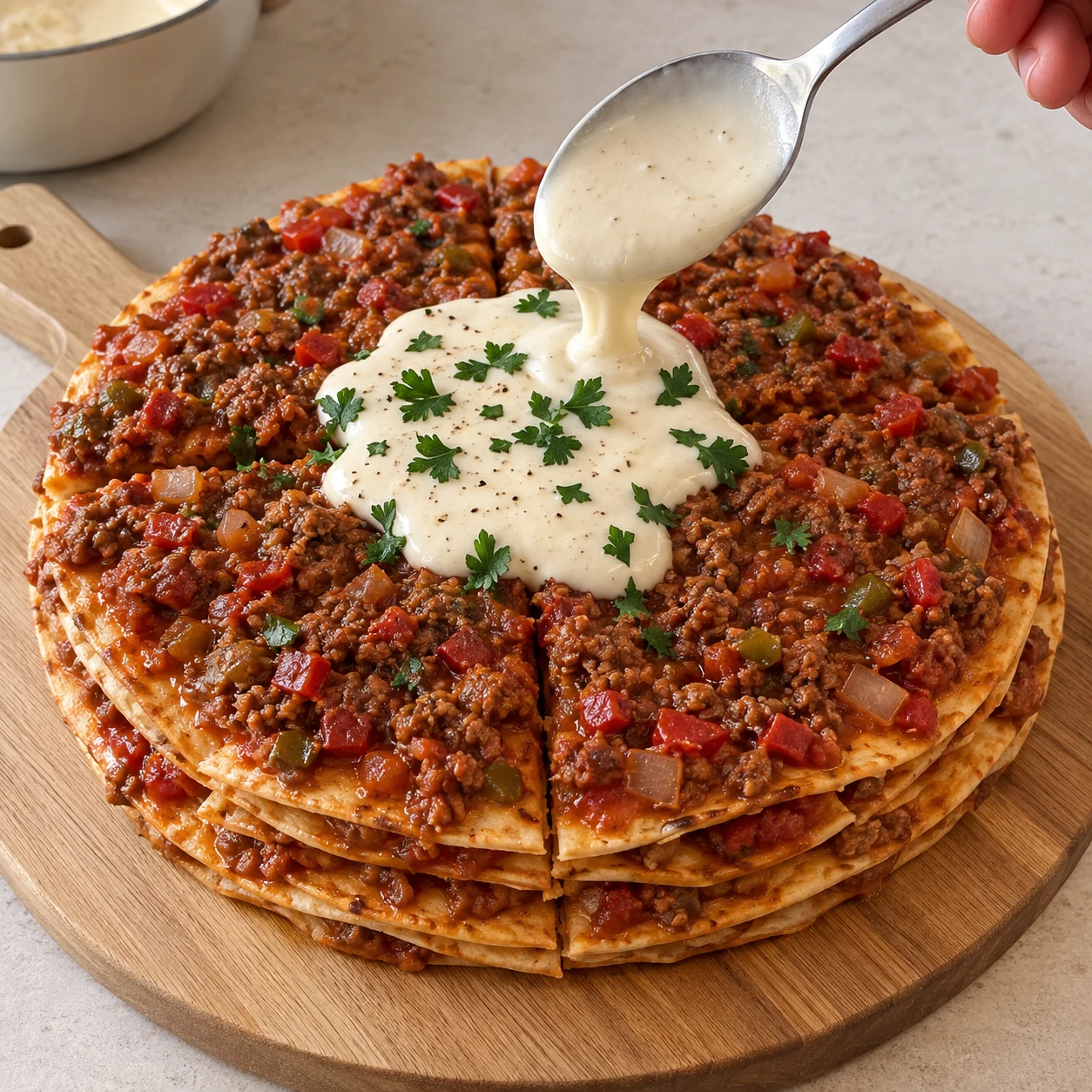 Nappez le dessus de béchamel végane et ajoutez le persil frais pour le service.