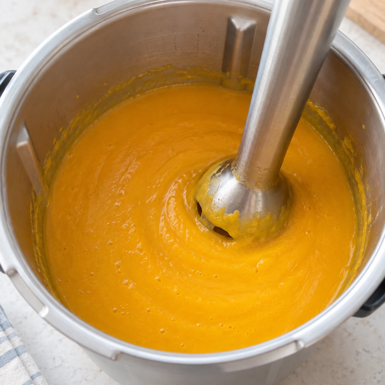 Mixez le contenu du bol jusqu’à obtenir une soupe lisse. Avec des légumes chauds, suivez les consignes de votre appareil et ne fermez pas hermétiquement un bol qui n’est pas prévu pour les liquides chauds. Montrer une seule phase et uniquement les ingrédients cités.