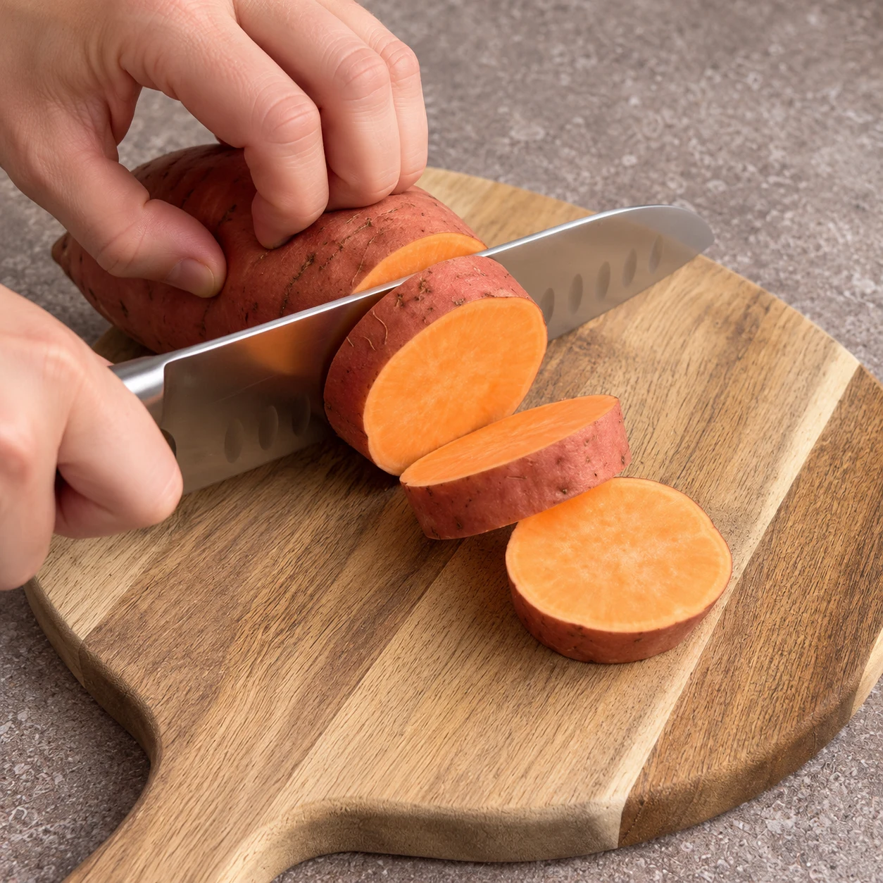 Découpe sûre en rondelles de 1 cm sur planche, main en griffe.