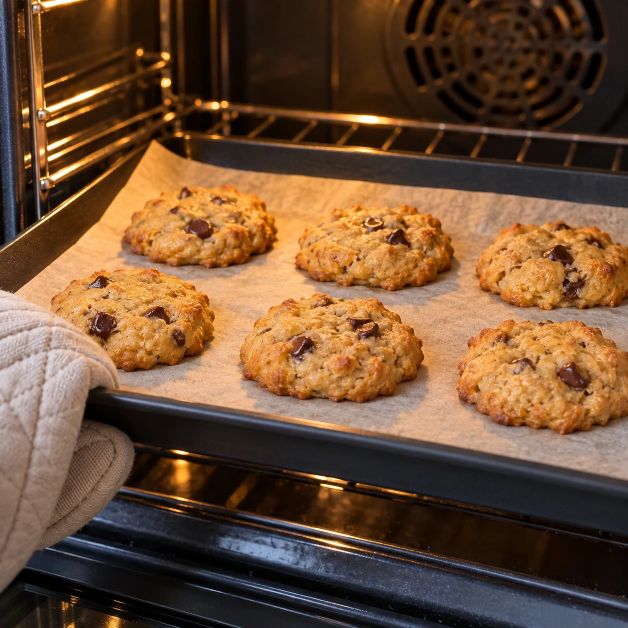 Enfourne la plaque à 200 °C et cuis les cookies 15 minutes. Utilise des maniques pour manipuler la plaque chaude.