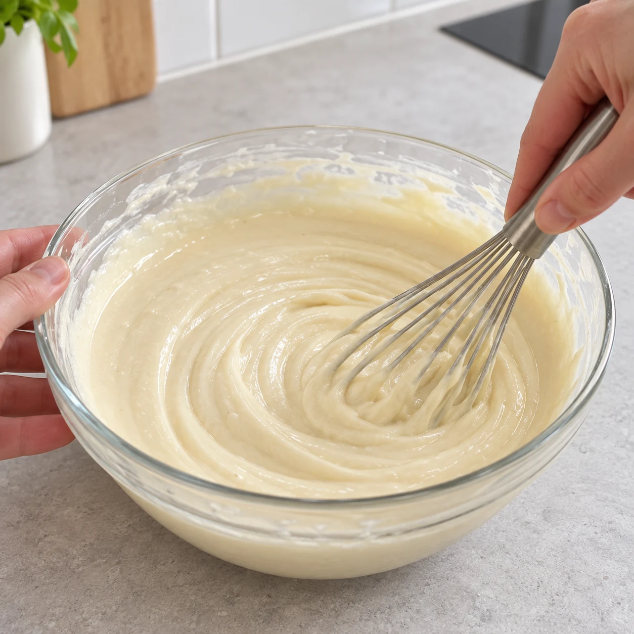 Le fouet incorpore la fécule dans l’appareil végétal beige, sans œuf ni tofu.