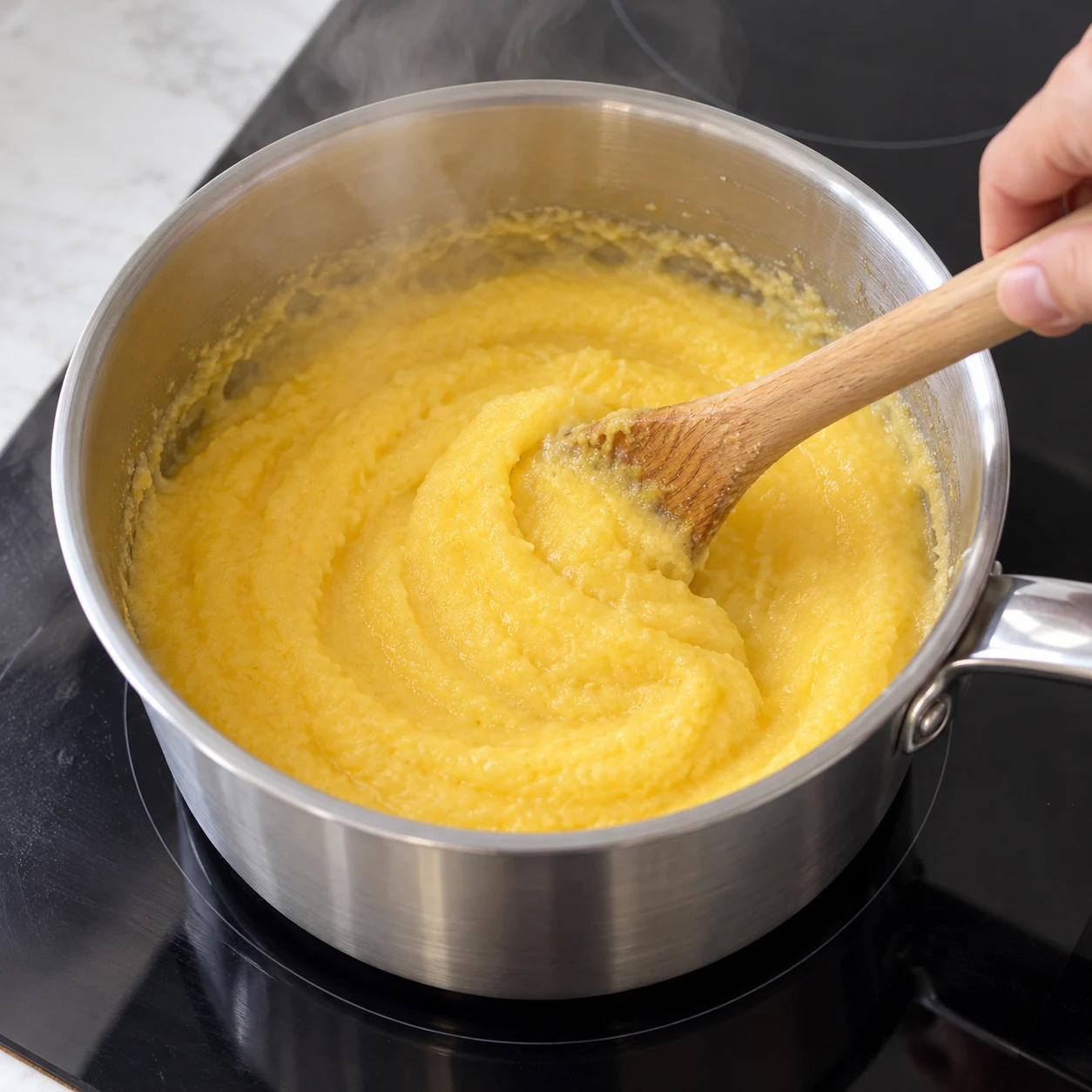 Spatule en bois remuant une polenta jaune crémeuse dans une casserole inox.