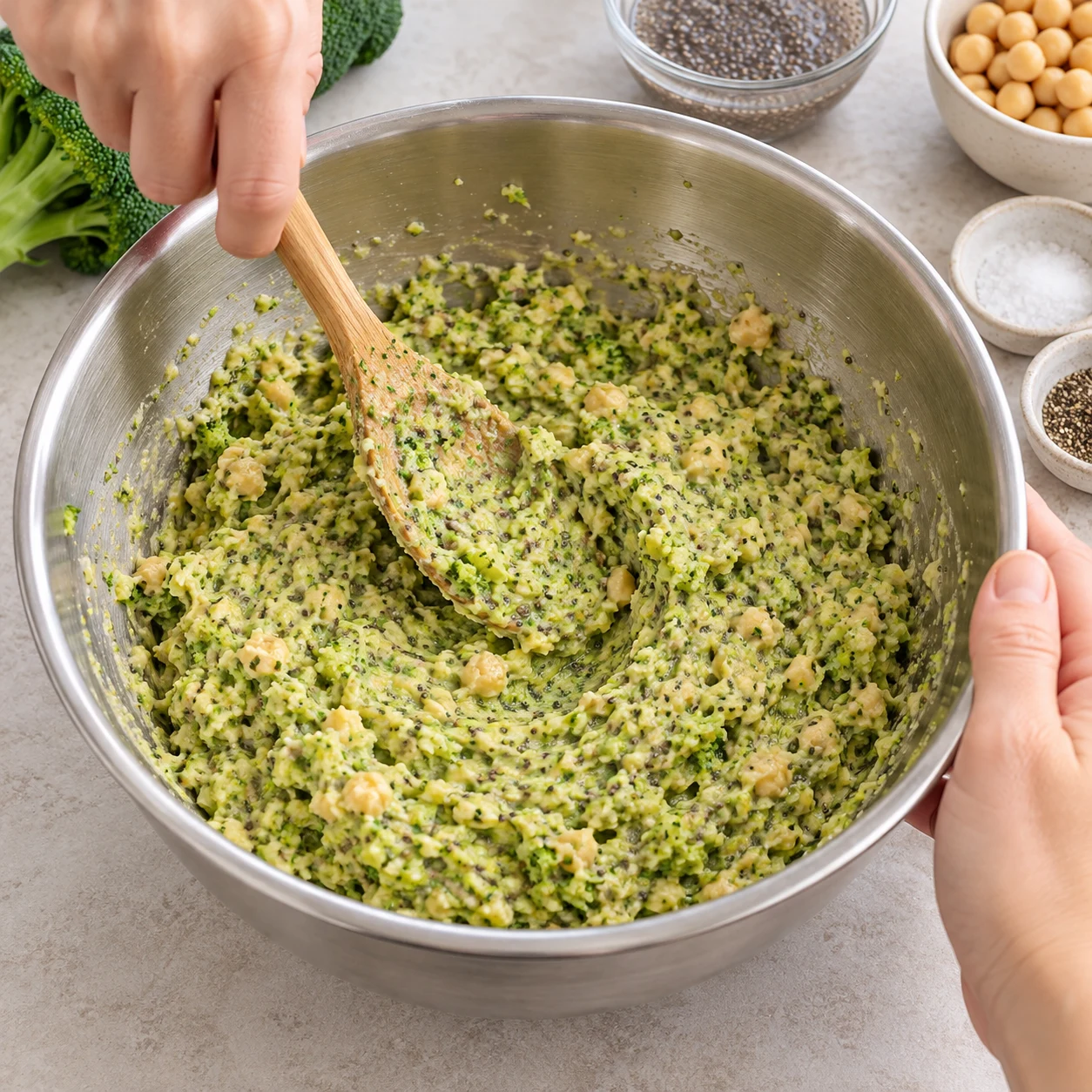 Cuillère mélangeant une pâte vert brocoli, petits petits grains beiges de pois chiches et graines de chia ; aucune garniture.