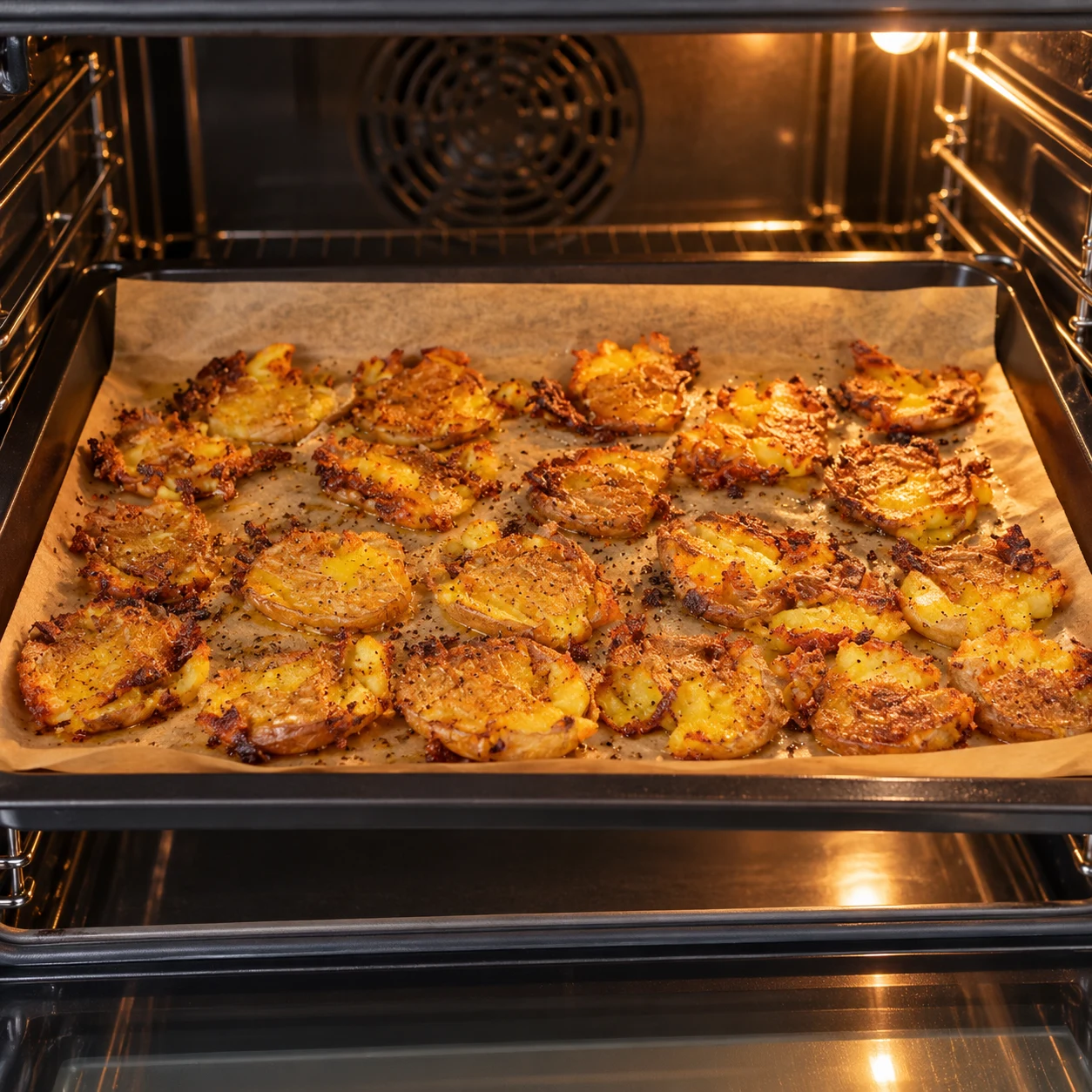 Plaque au four avec pommes de terre écrasées devenant dorées et croustillantes.