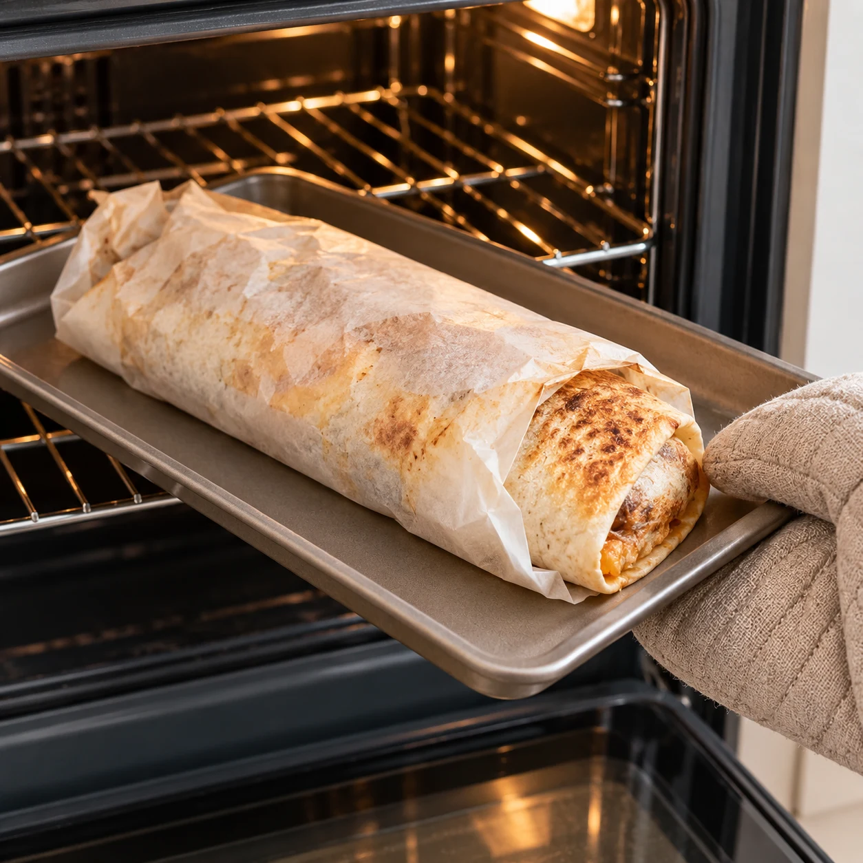 Réchauffez le burrito congelé au four à 180 °C pendant 15 à 20 minutes, dans son papier cuisson adapté au four, selon le conseil de la recette d’origine. Vérifiez que le centre est bien chaud avant de servir ; prolongez si nécessaire. Montrer uniquement la phase décrite et la variante végane aux pois chiches.