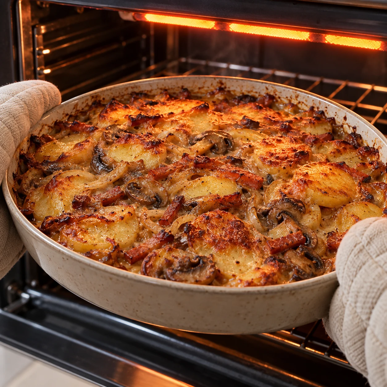 Une seule action : Faire gratiner. Le dessus présente des zones dorées et brunes, sans être brûlé. Uniquement les ingrédients de cette phase : Pommes de terre, Oignon, Champignons de Paris, Lardons végétaux fumés, Huile végétale, Sauce soja salée, cassonade, Sirop d’érable, Fécule de maïs, Eau froide, Tahini blanc, Levure maltée. Allumettes végétales fumées rosées à base de soja ; jamais de tofu ni de miso. Sauce onctueuse brun clair au sésame, plus pâle que dans la source.