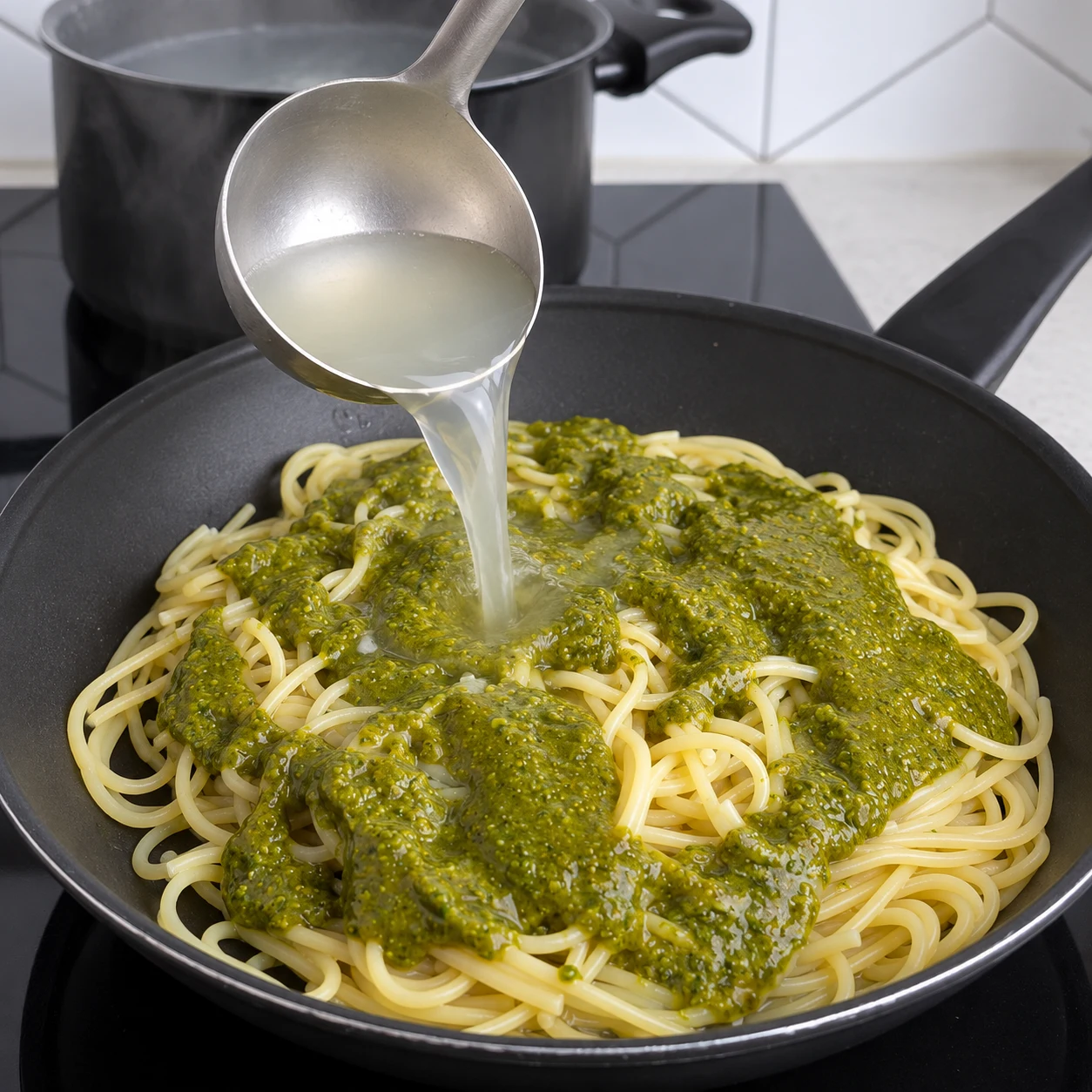Louche versant l’eau de cuisson sur les spaghetti et le pesto, avant émulsion.