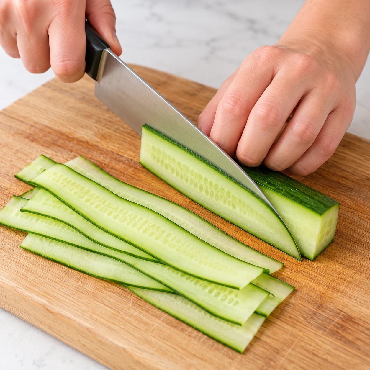 Découpe de fines lamelles de concombre vert sur planche stable, prise en griffe.