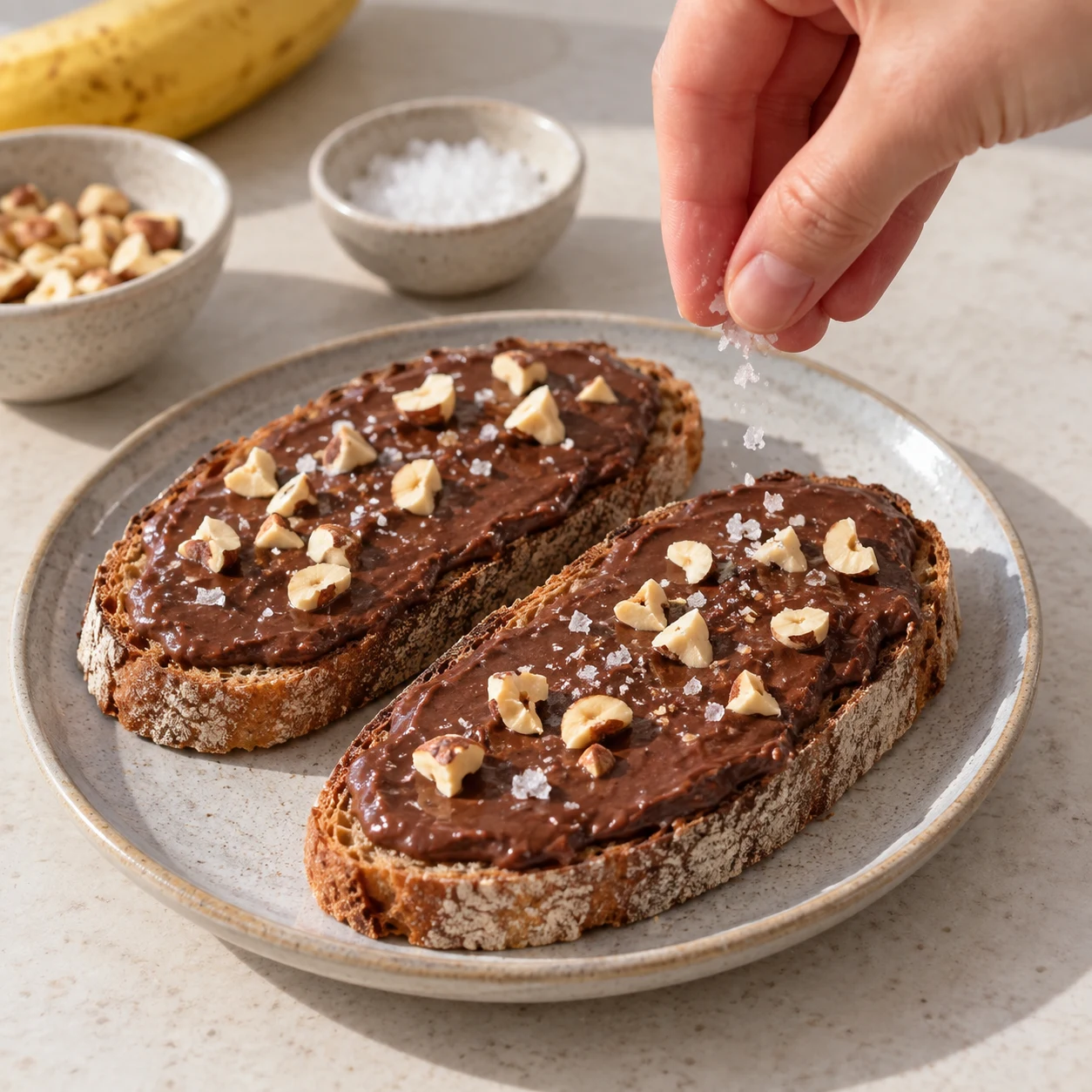 Main adulte anonyme saupoudrant quelques cristaux de fleur de sel sur deux toasts garnis de tartinade chocolatée et noisettes concassées.