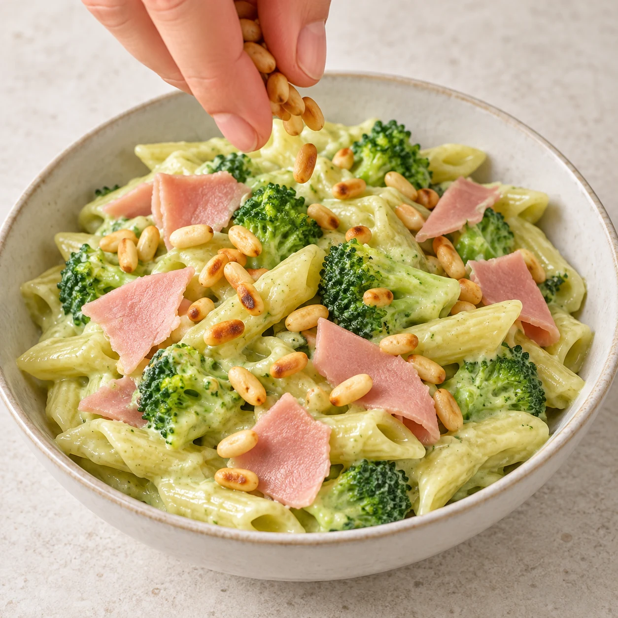 Une main anonyme parsème des pignons dorés sur les penne au brocoli en sauce vert pâle garnies de quelques morceaux de fines tranches de jambon végétal rose pâle.